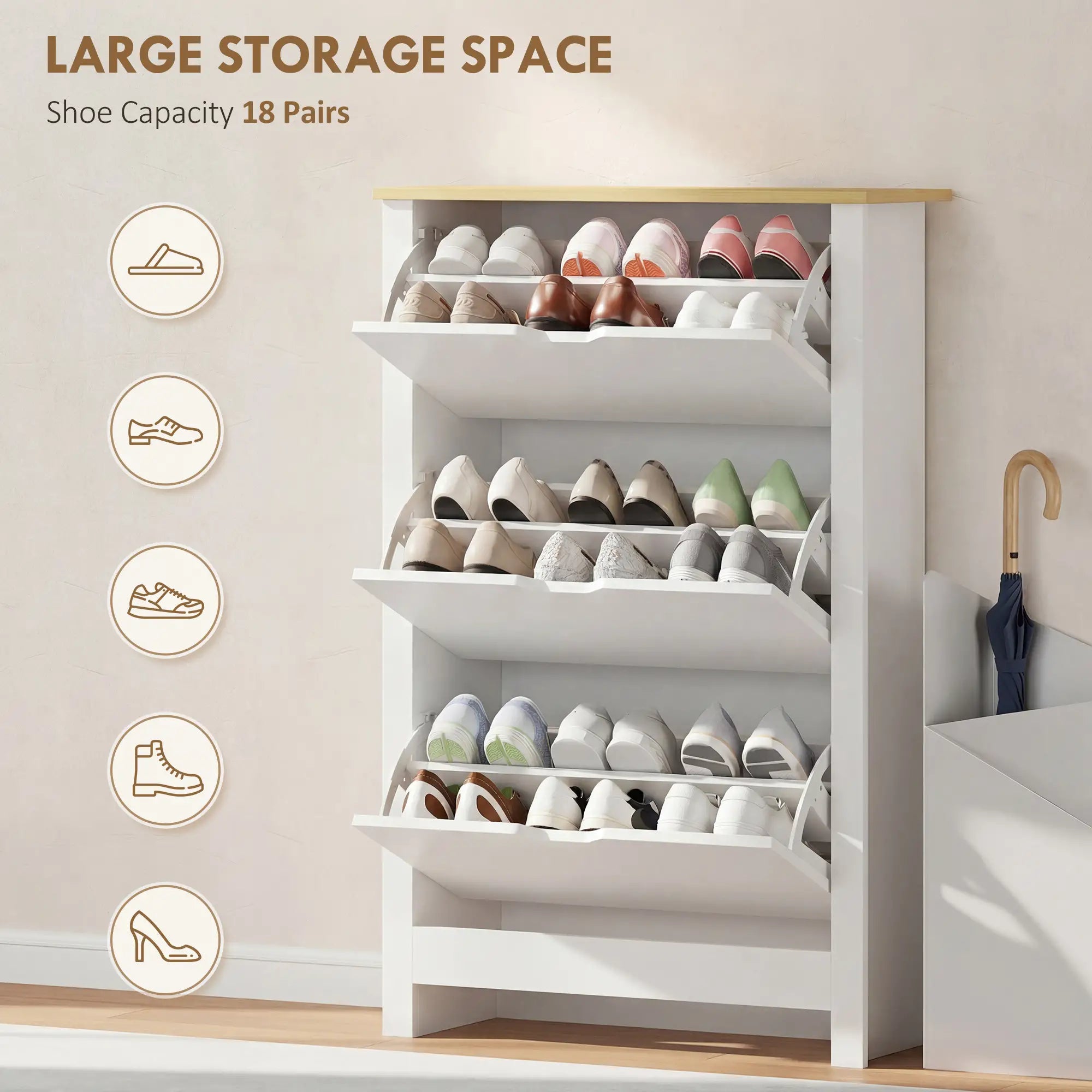 Shoe Storage Cabinet, 3 Flip Drawers, Adjustable Shelves, 9-18 Pairs, White Shoe Storage Cabinets & Racks at Gallery Canada