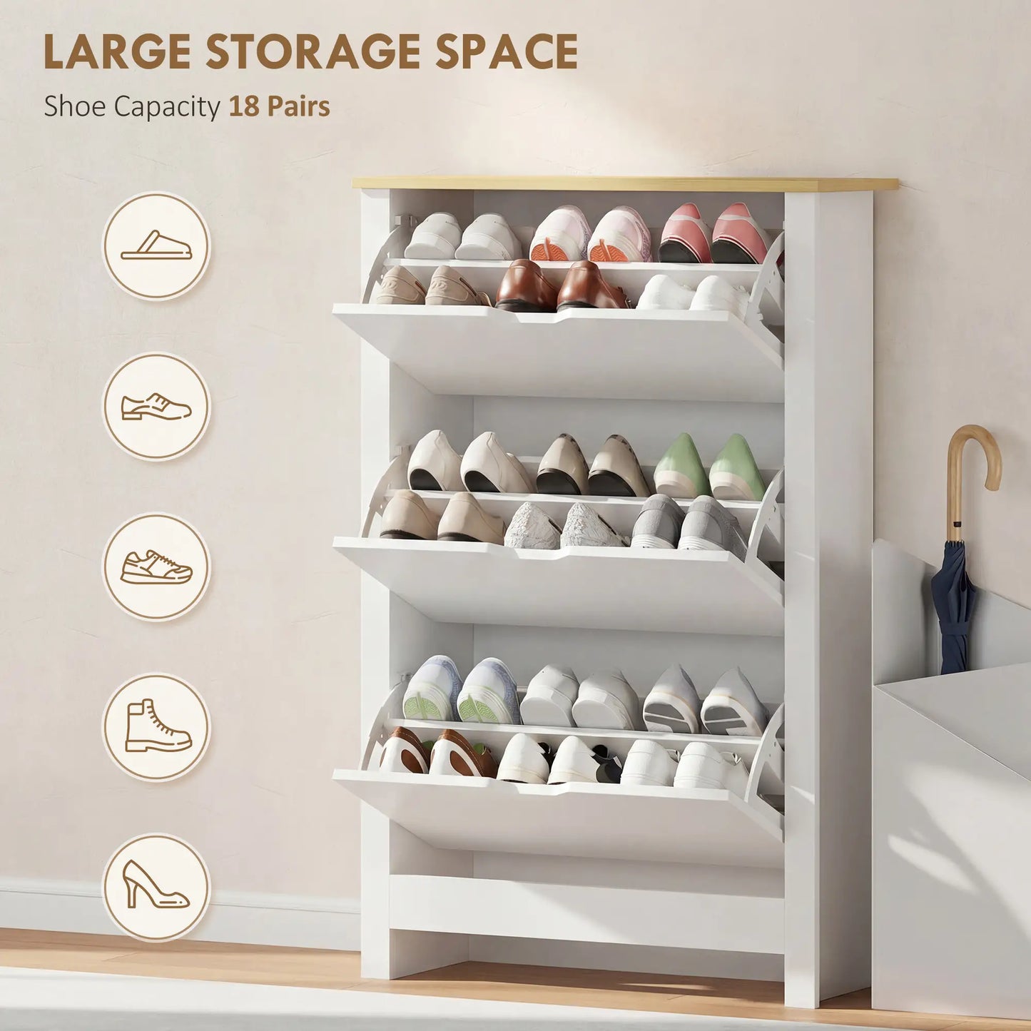 Shoe Storage Cabinet, 3 Flip Drawers, Adjustable Shelves, 9-18 Pairs, White Shoe Storage Cabinets & Racks at Gallery Canada