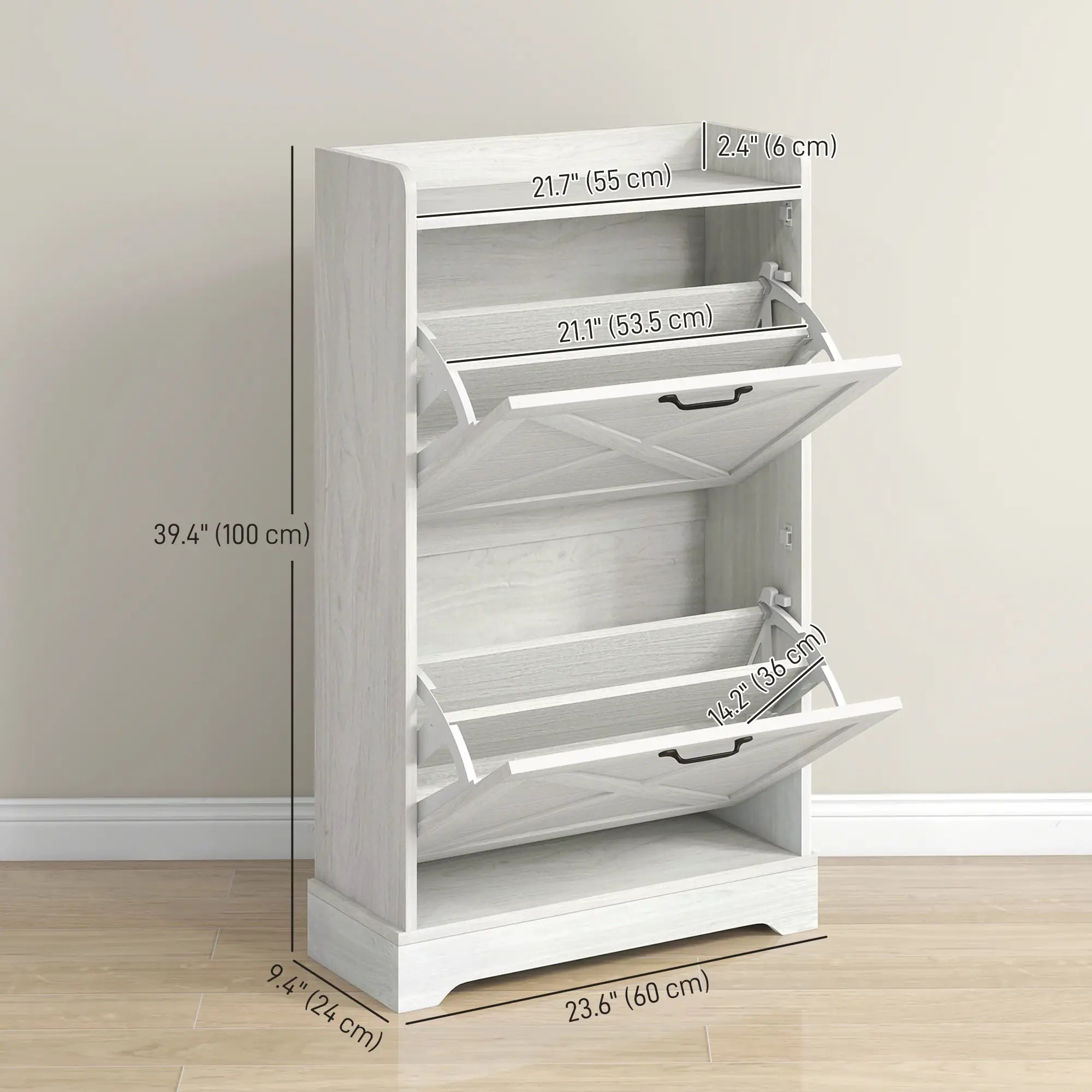Slim Shoe Storage Cabinet, Farmhouse Style, 2 Flip Drawers, Adjustable Shelves, Holds 8 Pairs, Distressed, White Shoe Storage Cabinets & Racks at Gallery Canada