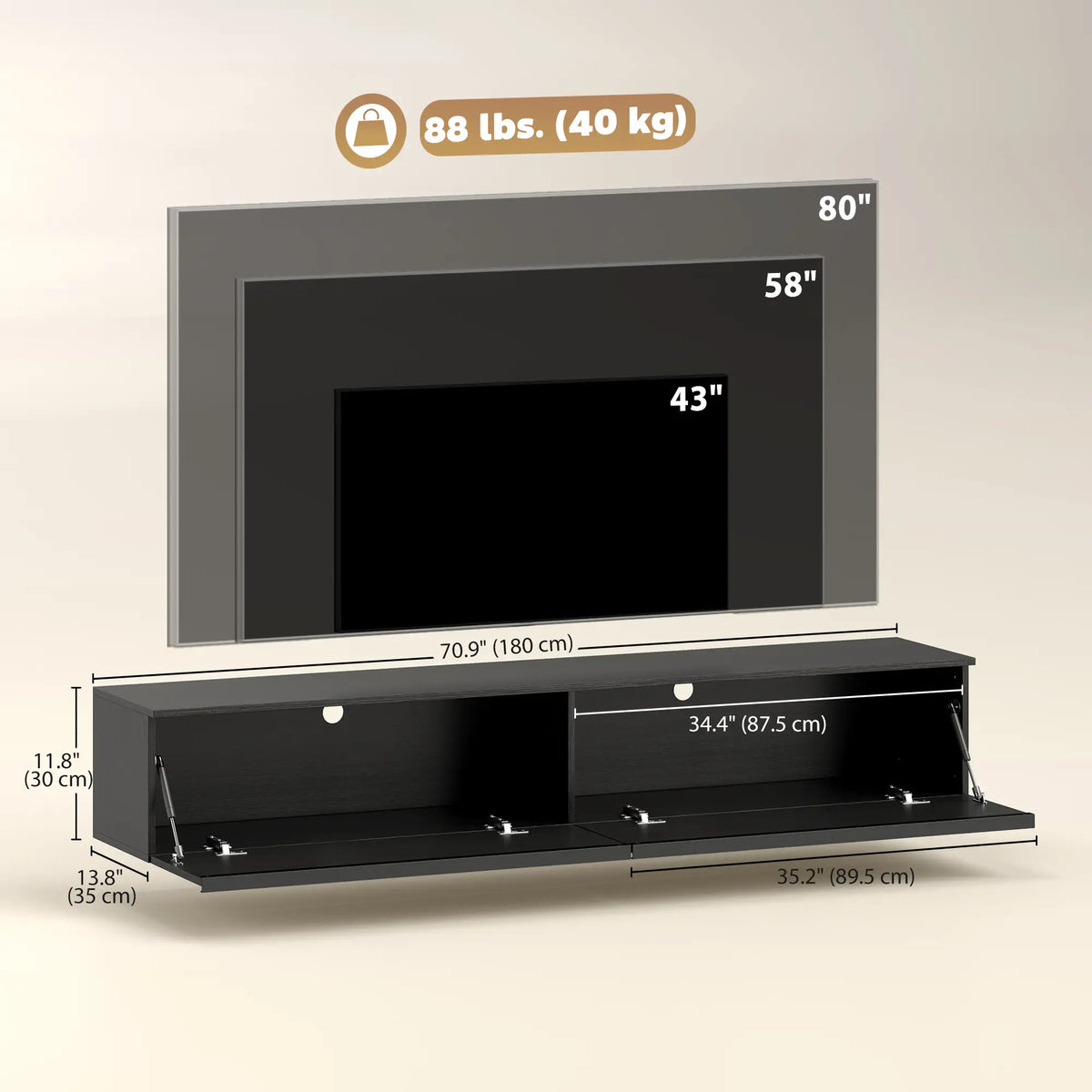 Wall Mounted TV Stand, Floating Cabinet With Storage, For TVs Up To 70", Black