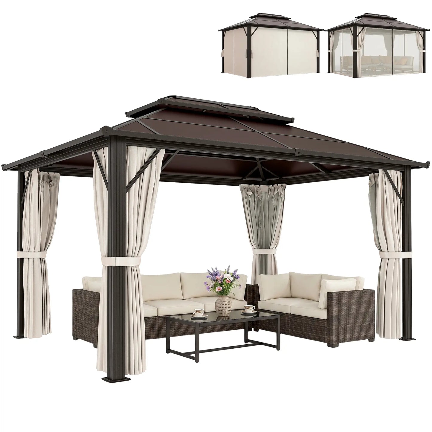 10' x 13' Hardtop Gazebo, UPF30+ Polycarbonate Roof, Aluminum Frame, Beige Gazebos at Gallery Canada