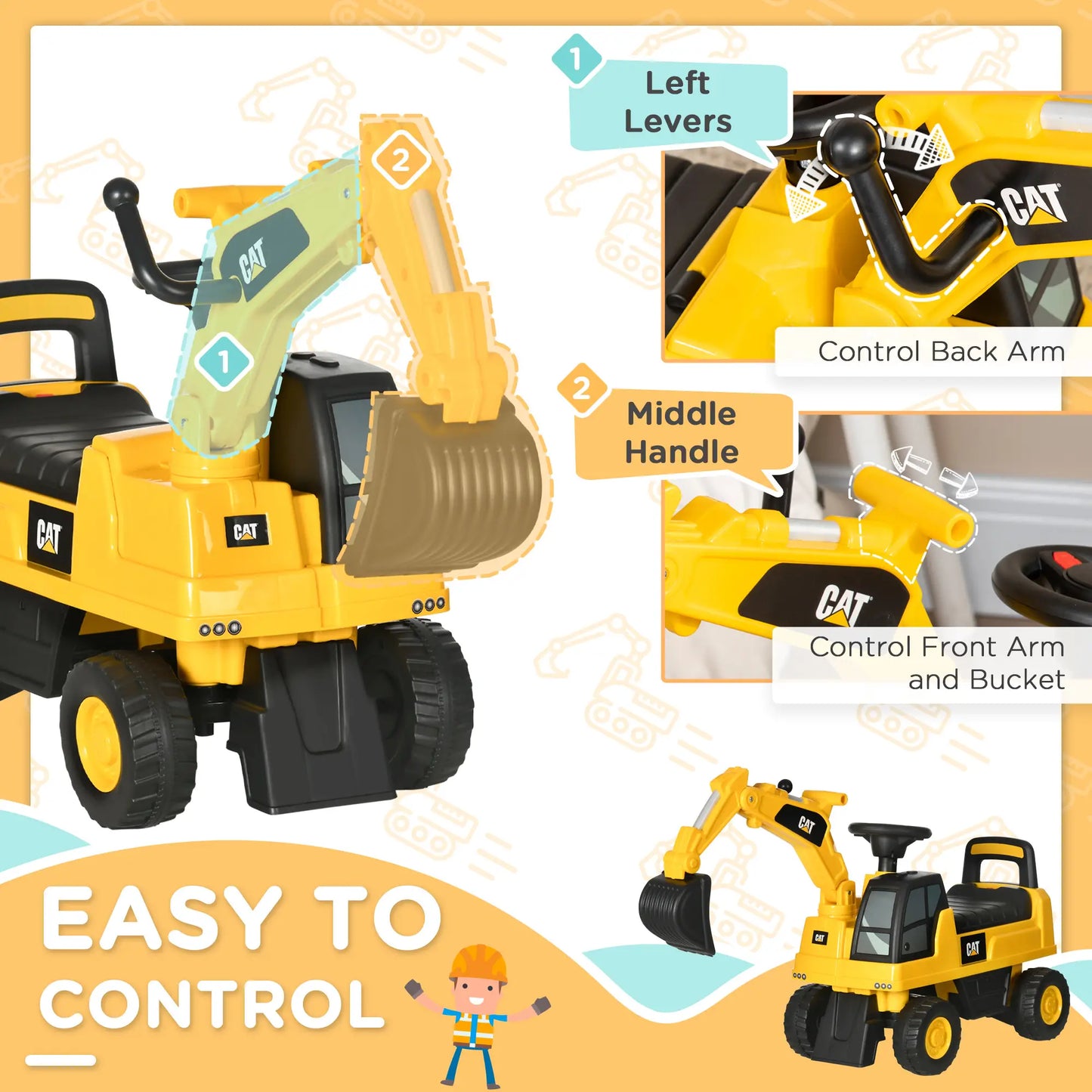 Kids Excavator Ride On Toy, Manual Shovel, Horn, Storage, 18-36 Months, Yellow Toy Excavators at Gallery Canada