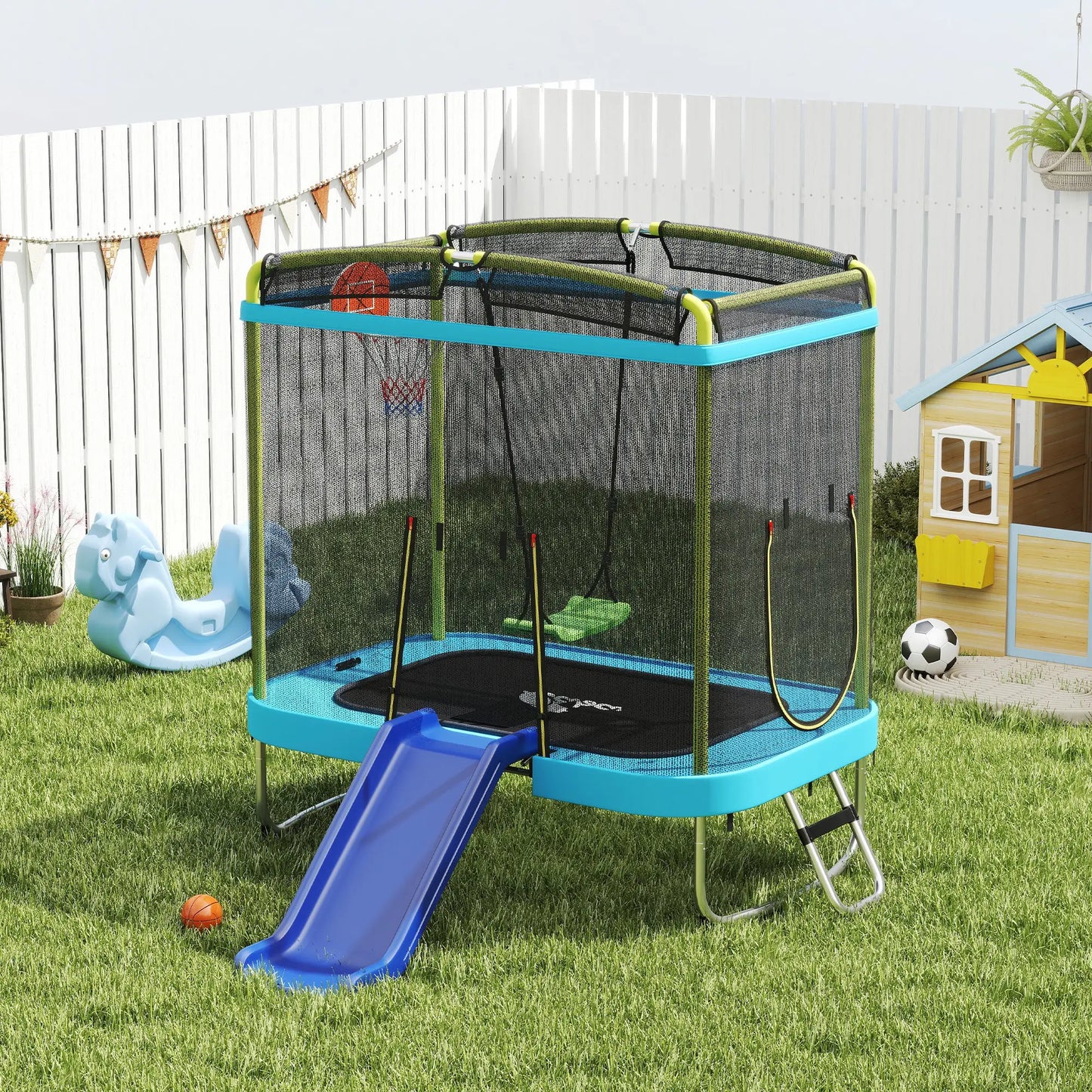 70" x 47" Trampoline With Slide, Swing, Basketball Hoop, Light Blue Trampolines at Gallery Canada