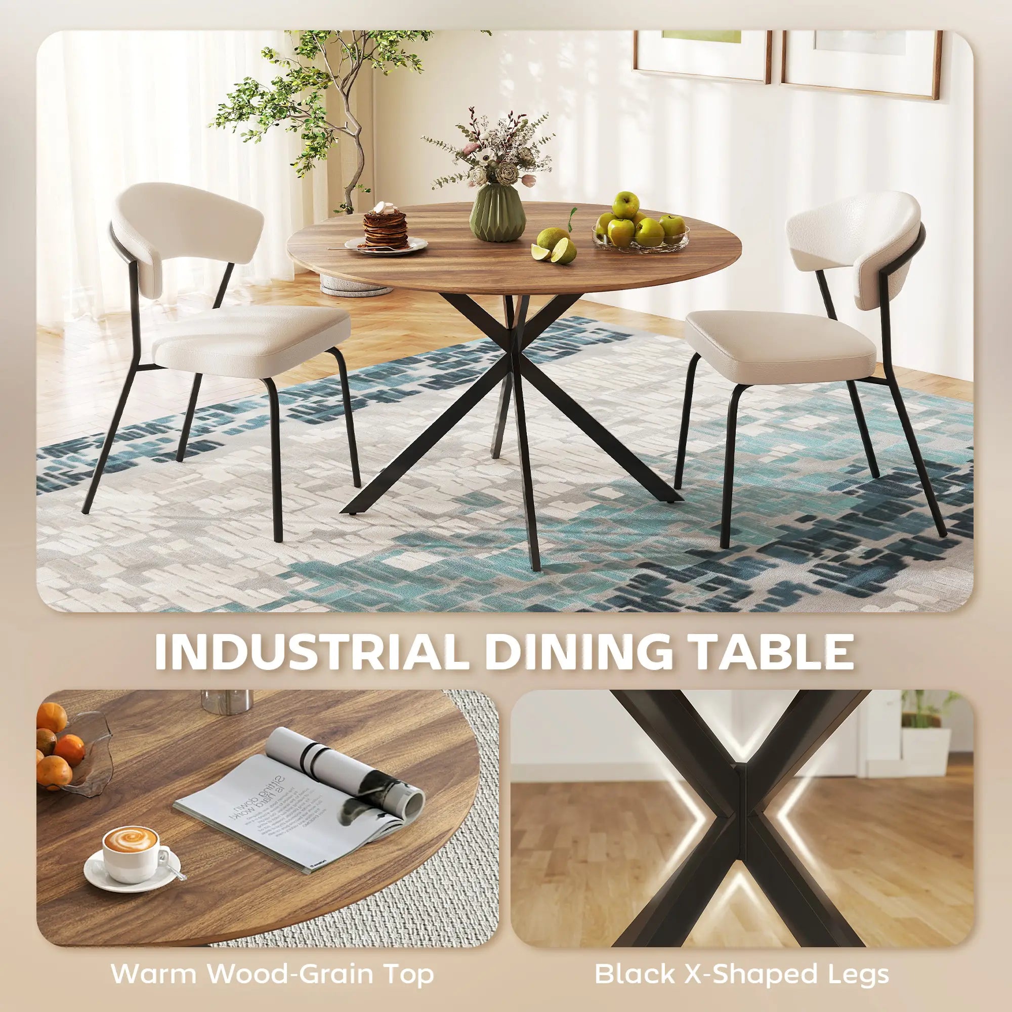47 Inch Round Kitchen Table, Industrial Dining Table, Dark Brown Black Dining Tables at Gallery Canada