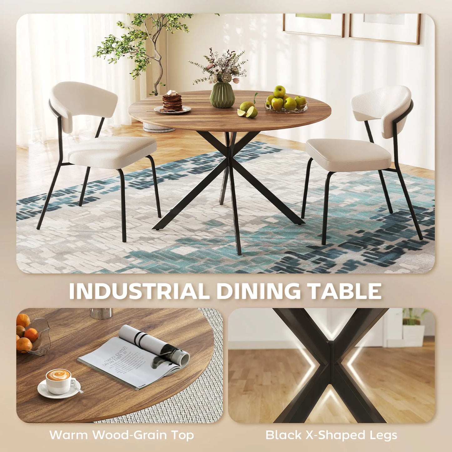 47 Inch Round Kitchen Table, Industrial Dining Table, Dark Brown Black Dining Tables at Gallery Canada