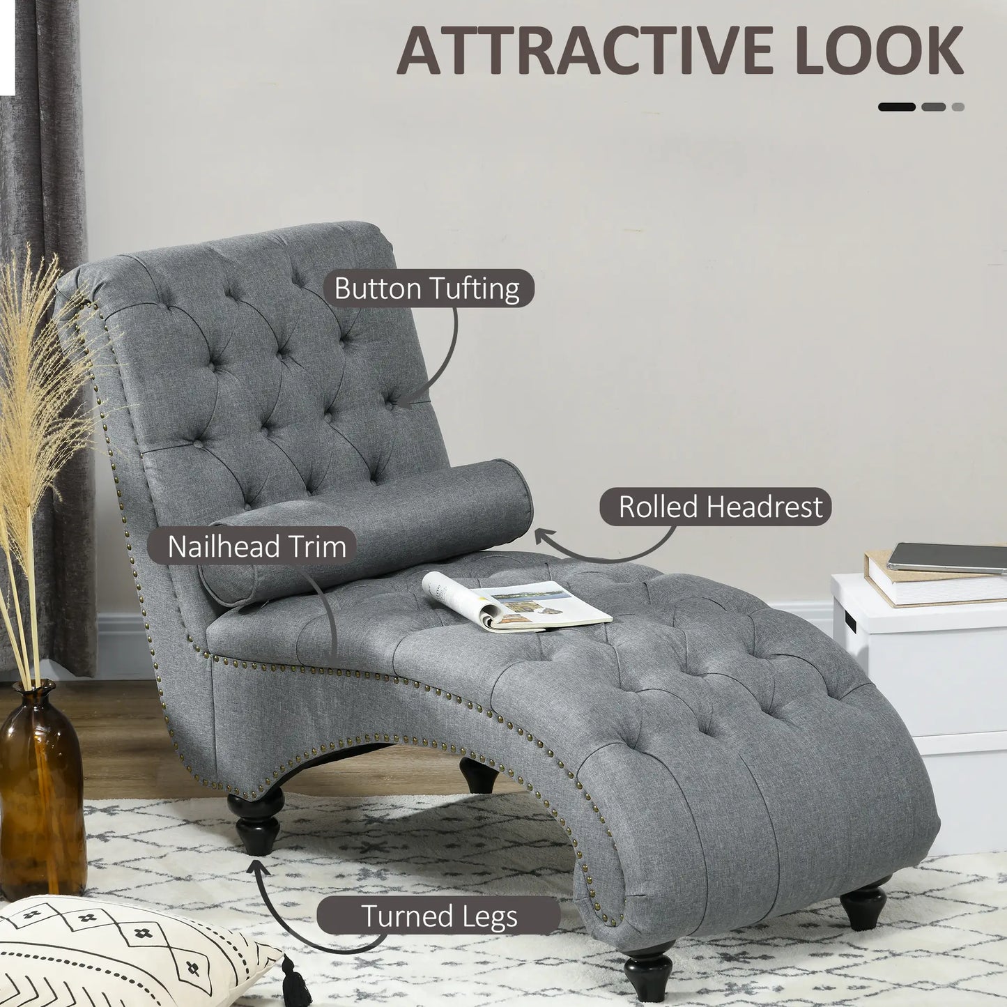 Button Tufted Chaise Lounge Chair, Upholstered with Bolster Pillow, Wood Legs, Nailhead Trim, Grey Single Sofas at Gallery Canada