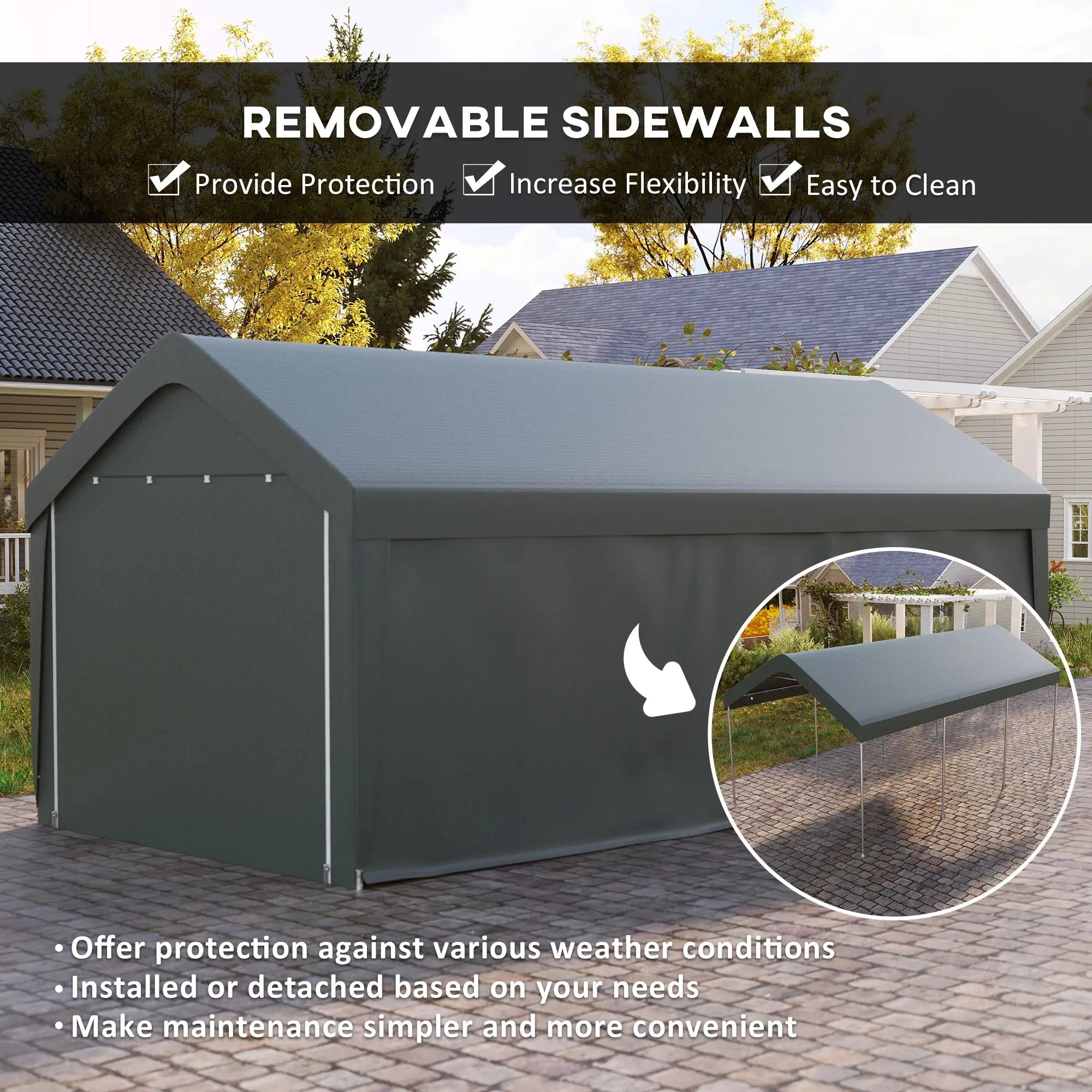 10 x 20 ft Portable Carport, 2 Roll-Up Doors, Removable Sidewalls, Dark Grey Car Shelters at Gallery Canada