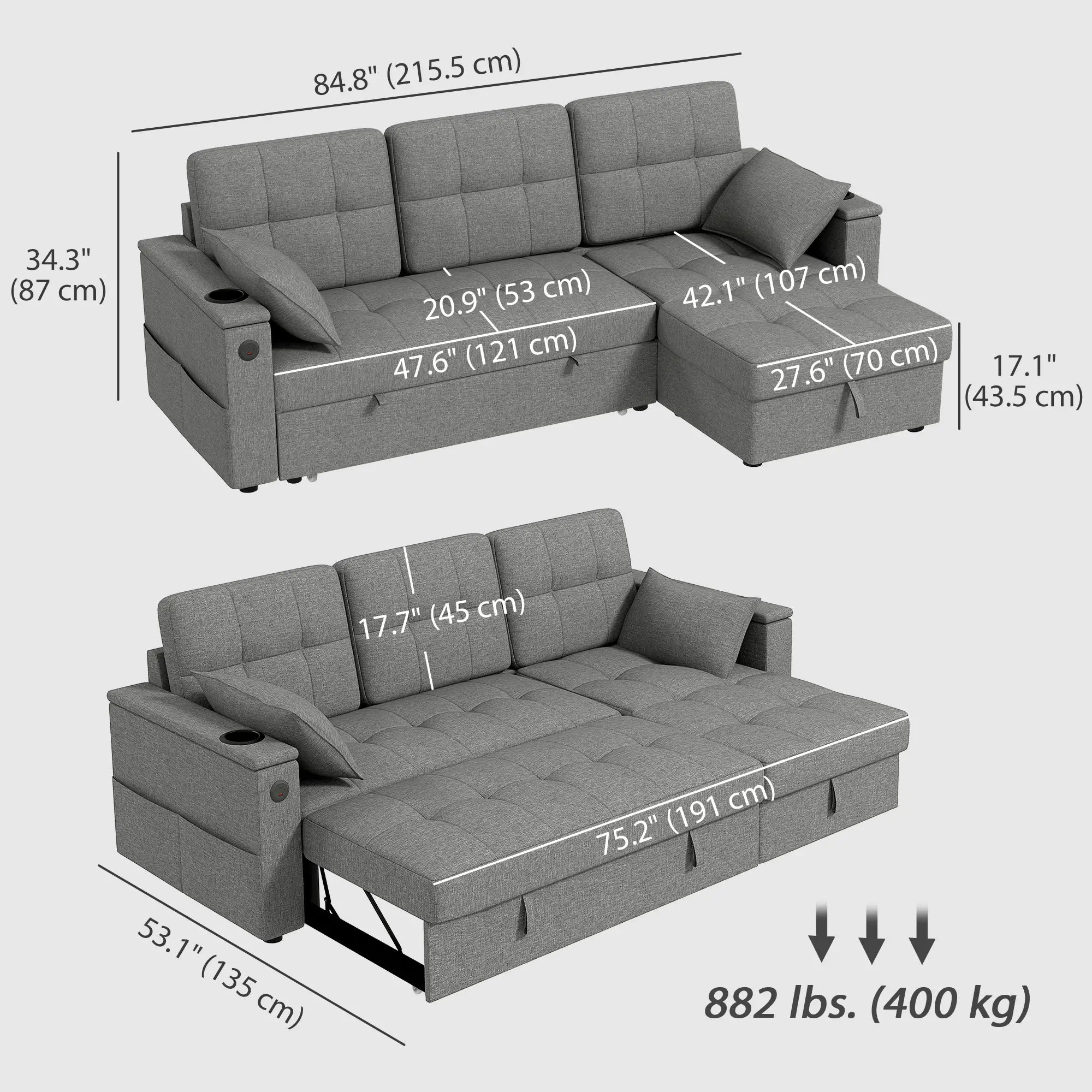 Convertible Sectional Sofa Bed, Pull Out Sleeper with USB, Chaise Storage, Grey Sofas & Reclining Chairs at Gallery Canada