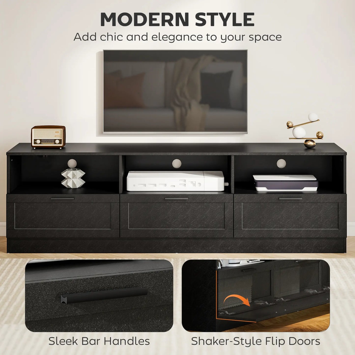 TV Stand with Storage, 3 Cabinets, 3 Shelves, for TVs up to 85", Black TV Stands at Gallery Canada