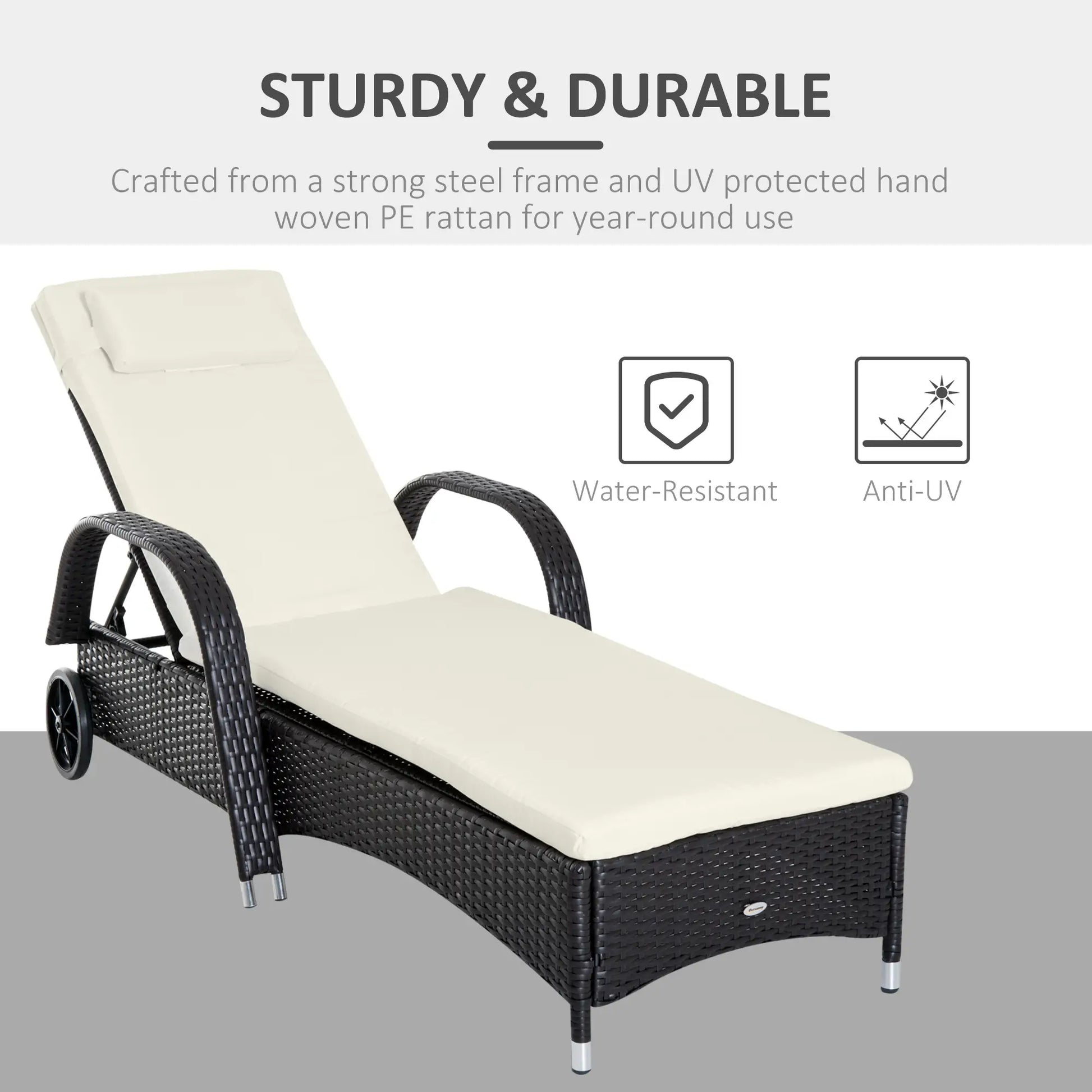 Wicker Chaise Lounge, Outdoor PE Rattan Sun Lounger, Adjustable Backrest, 5-Level, Deep Coffee Cream White, Cream White Chaise Loungers at Gallery Canada