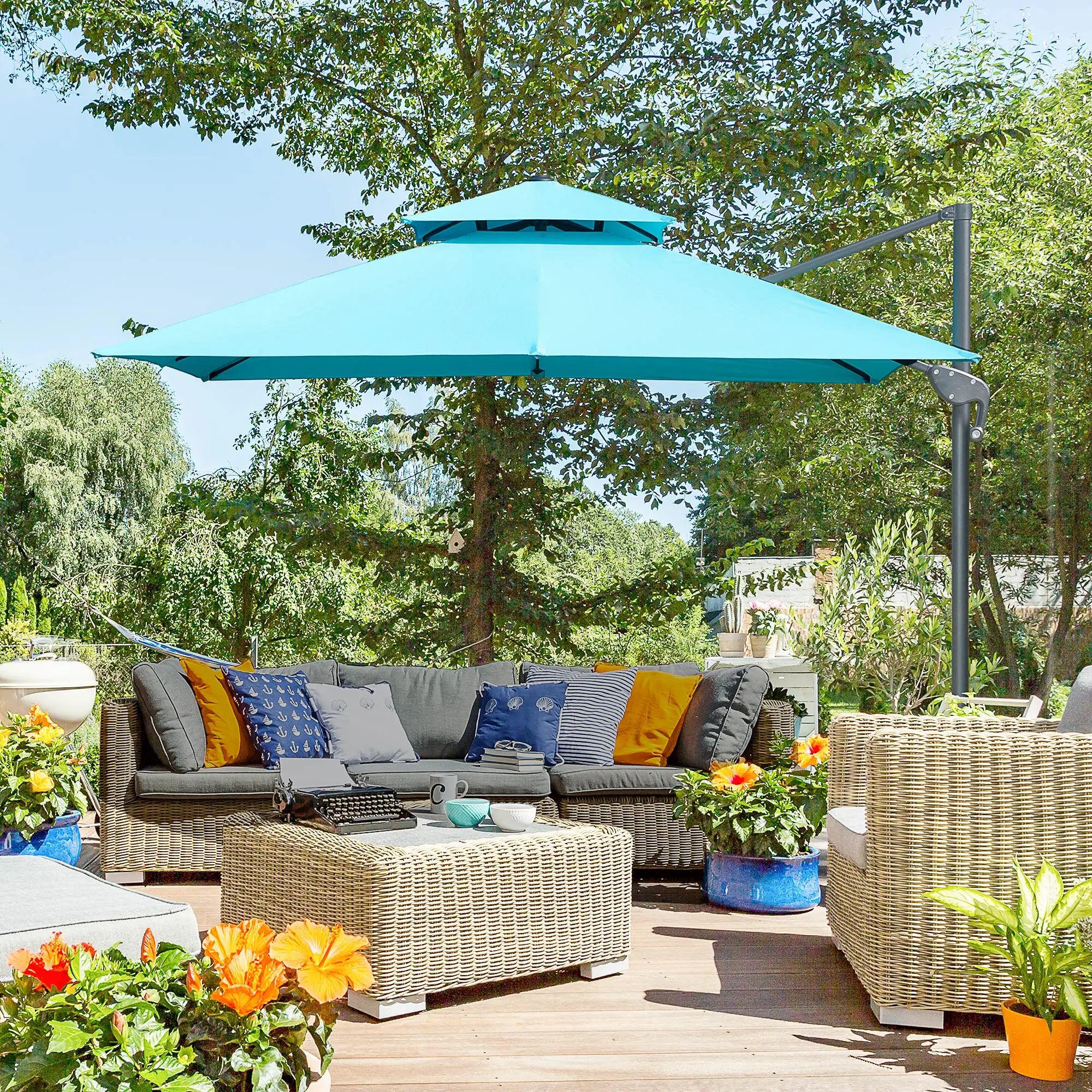 10' x 10' Cantilever Patio Umbrella, Double Top, 360° Rotation, Light Blue Cantilever Umbrellas at Gallery Canada