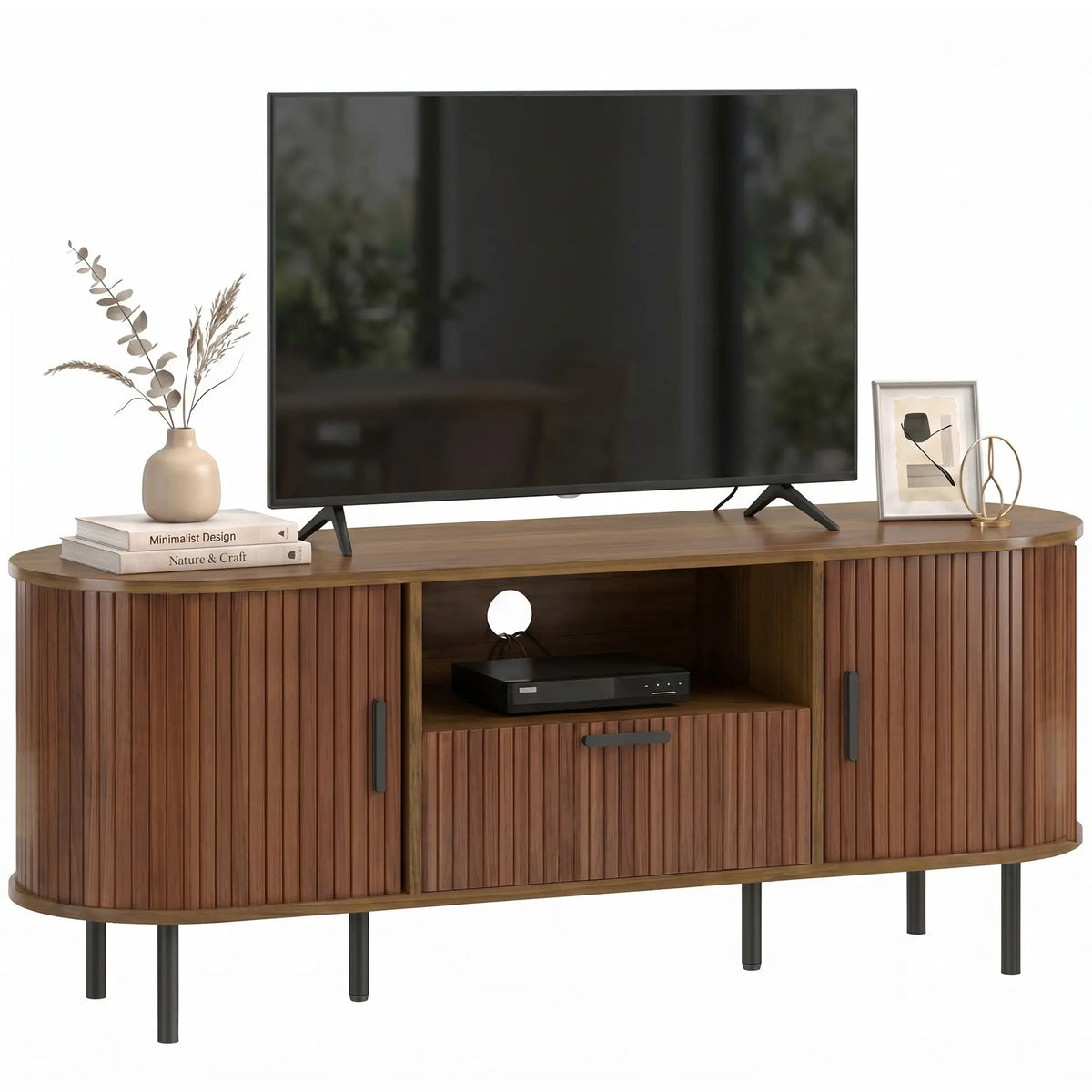 TV Stand for TVs up to 60", Modern Entertainment Center with Curved Sliding Doors and Storage, Brown TV Stands at Gallery Canada