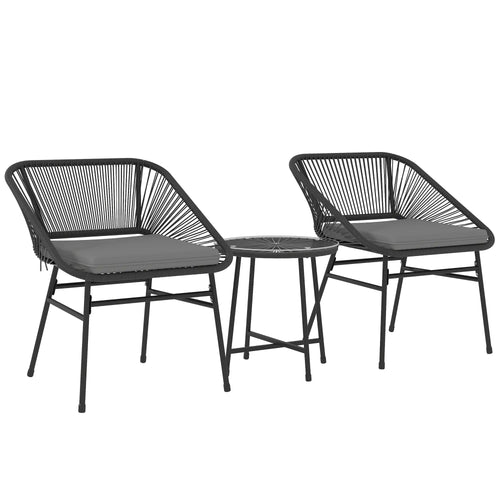 3 Piece Bistro Set, Wicker Patio Furniture, Glass Top Table, Black