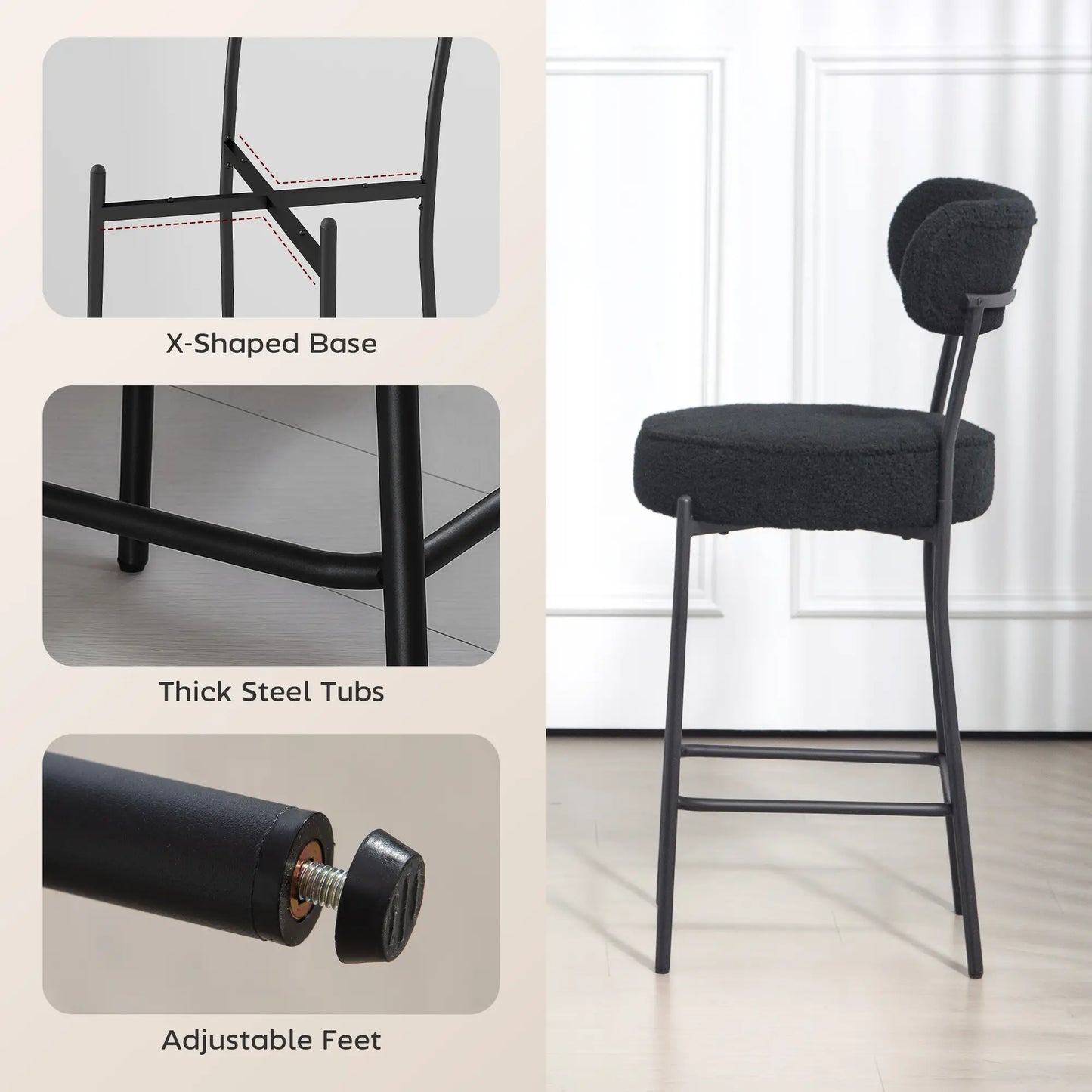 Set of 2 Upholstered Bar Stools with Backrest, Footrest, Black Bar Stools at Gallery Canada