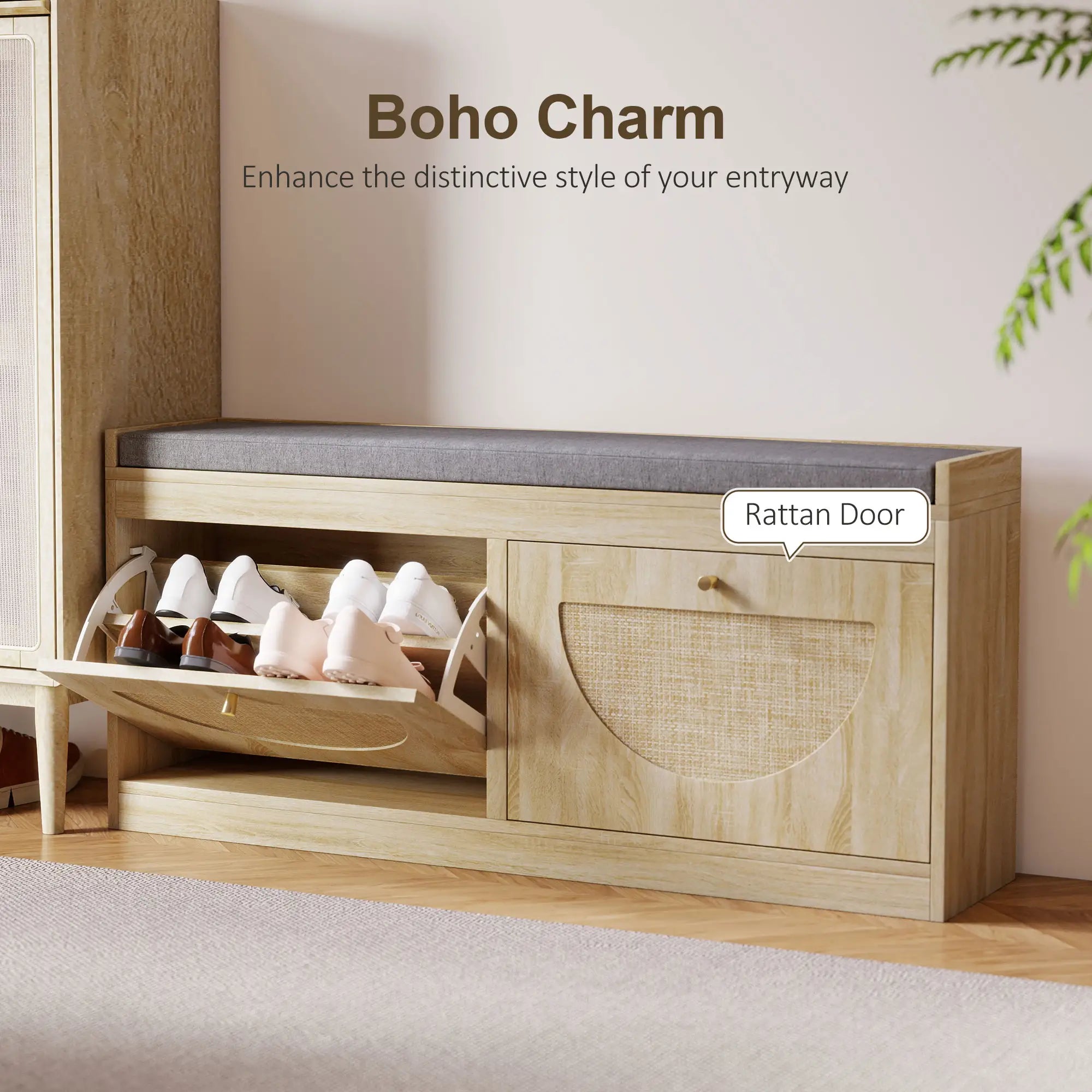 Shoe Bench with Flip Doors, Seat Cushion, Adjustable Shelves, Natural Wood Shoe Storage Cabinets & Racks at Gallery Canada