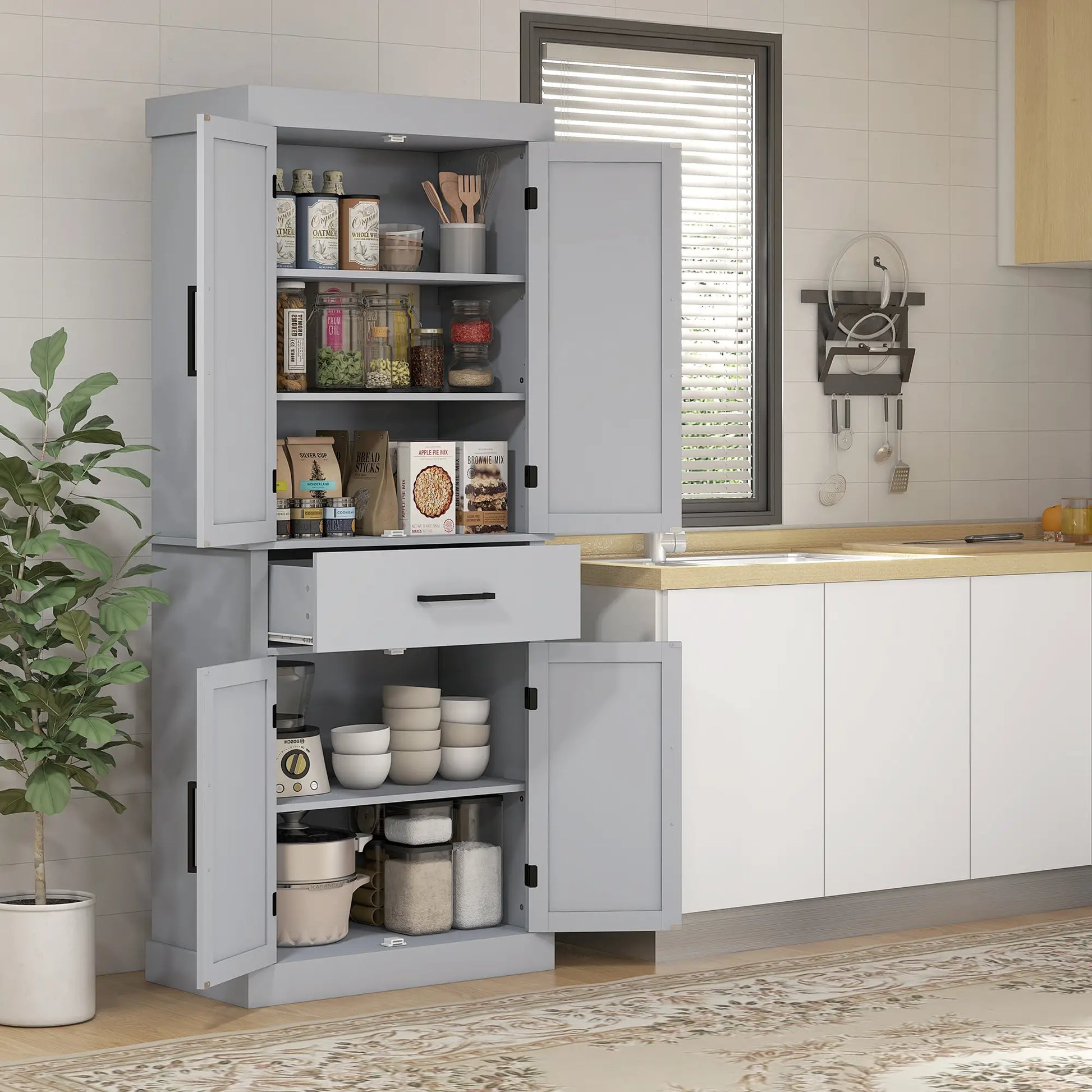 72" Kitchen Storage Cabinet, Farmhouse Pantry, 4 Barn Doors, Drawer, Adjustable Shelves, Grey Kitchen Pantry Cabinets at Gallery Canada