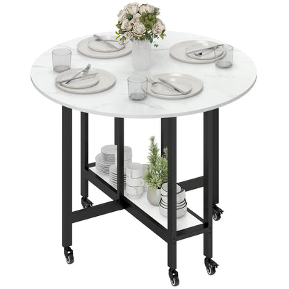 Folding Drop Leaf Table, White Marble, Open Shelf, Rolling Kitchen Table, White Dining Tables White Marble at Gallery Canada