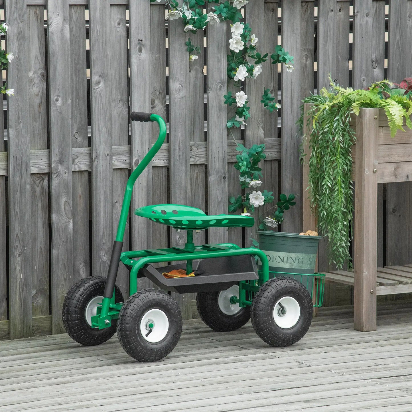 Garden Scooter, Rolling Cart, Adjustable Seat, Tool Tray, Bucket Basket, Green, Black Garden Accessories at Gallery Canada