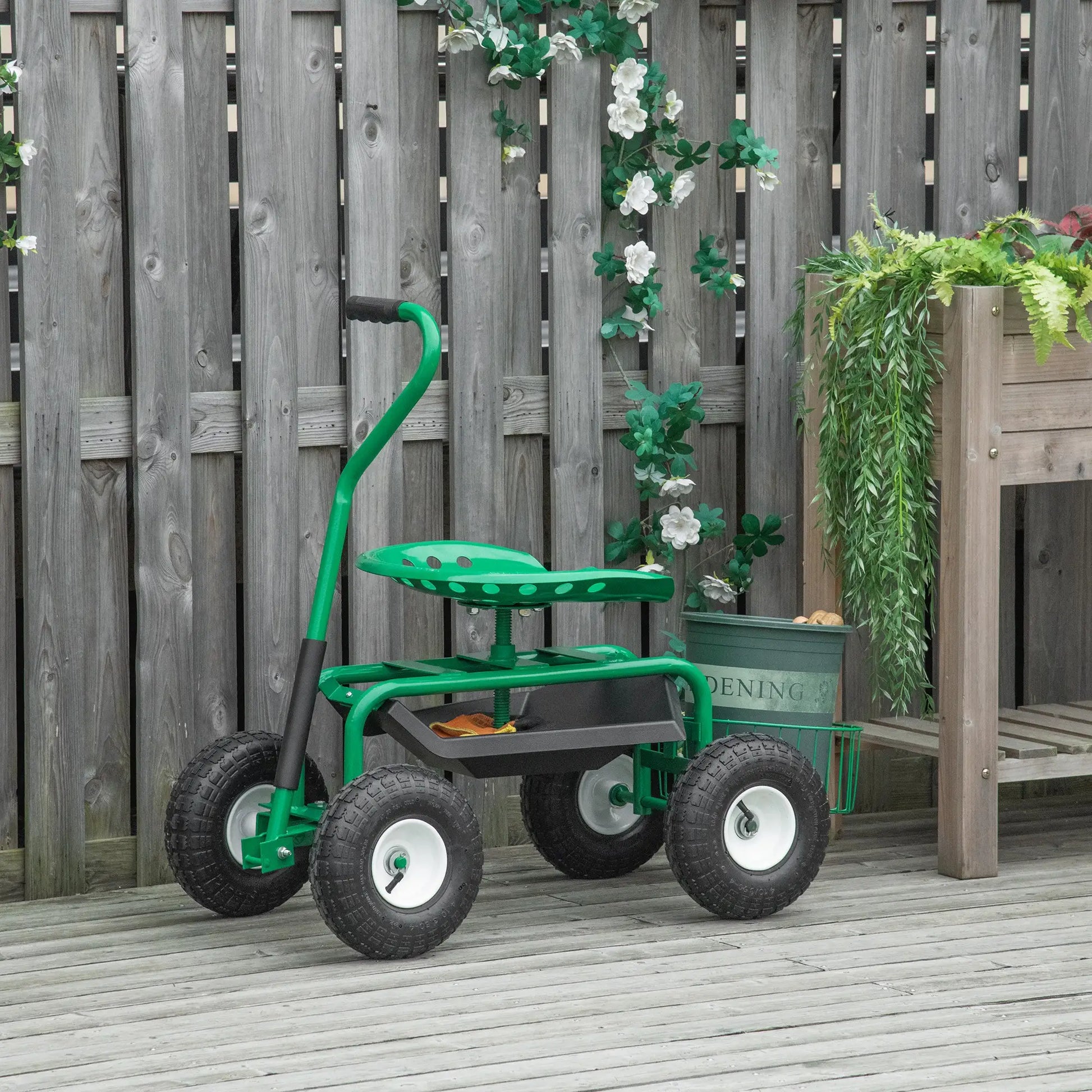 Garden Scooter, Rolling Cart, Adjustable Seat, Tool Tray, Bucket Basket, Green, Black Garden Accessories at Gallery Canada