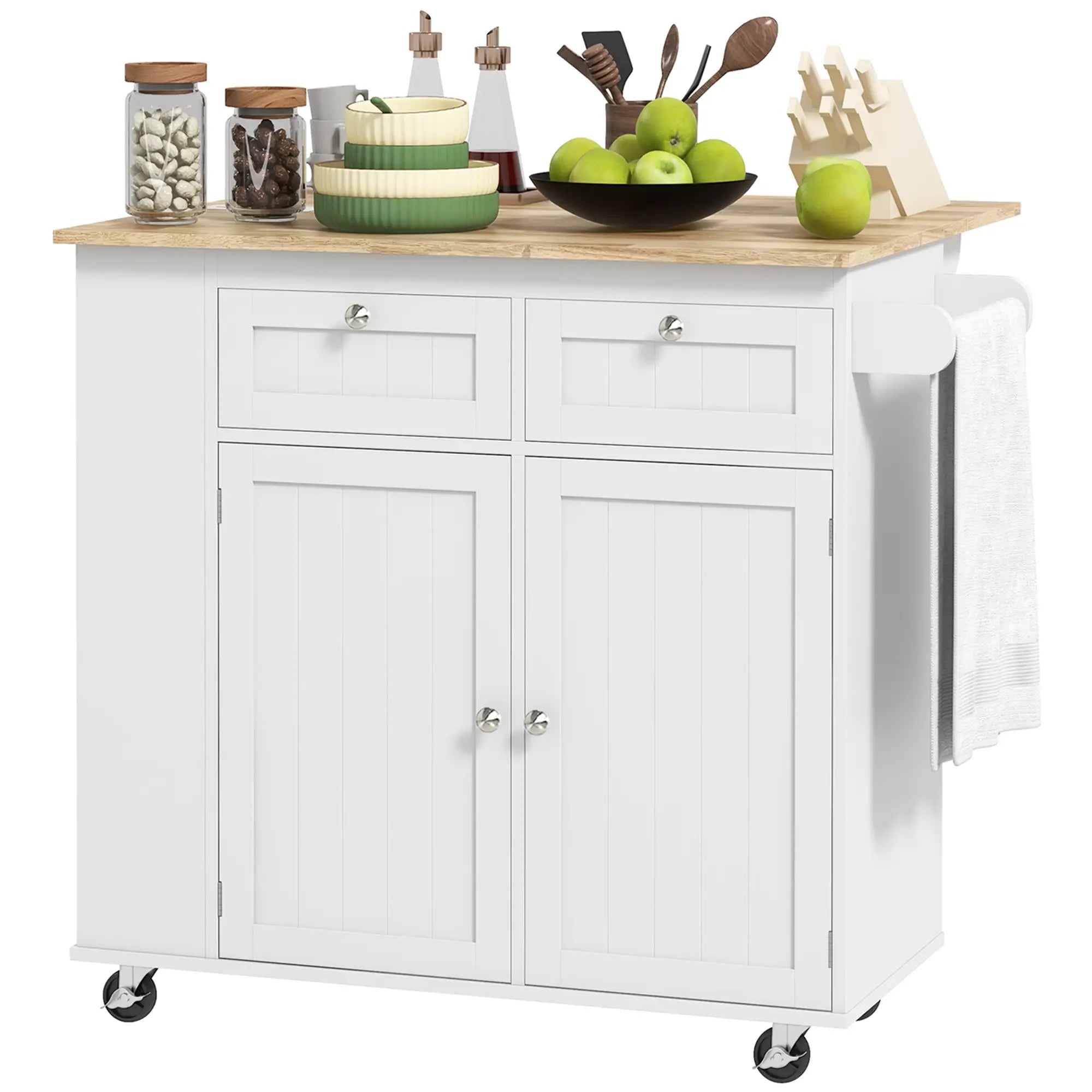 Kitchen Island with Power Outlet and Drop Leaf, Rolling Kitchen Cart with 2 Drawers and Adjustable Shelves, White Kitchen Islands & Kitchen Carts White at Gallery Canada
