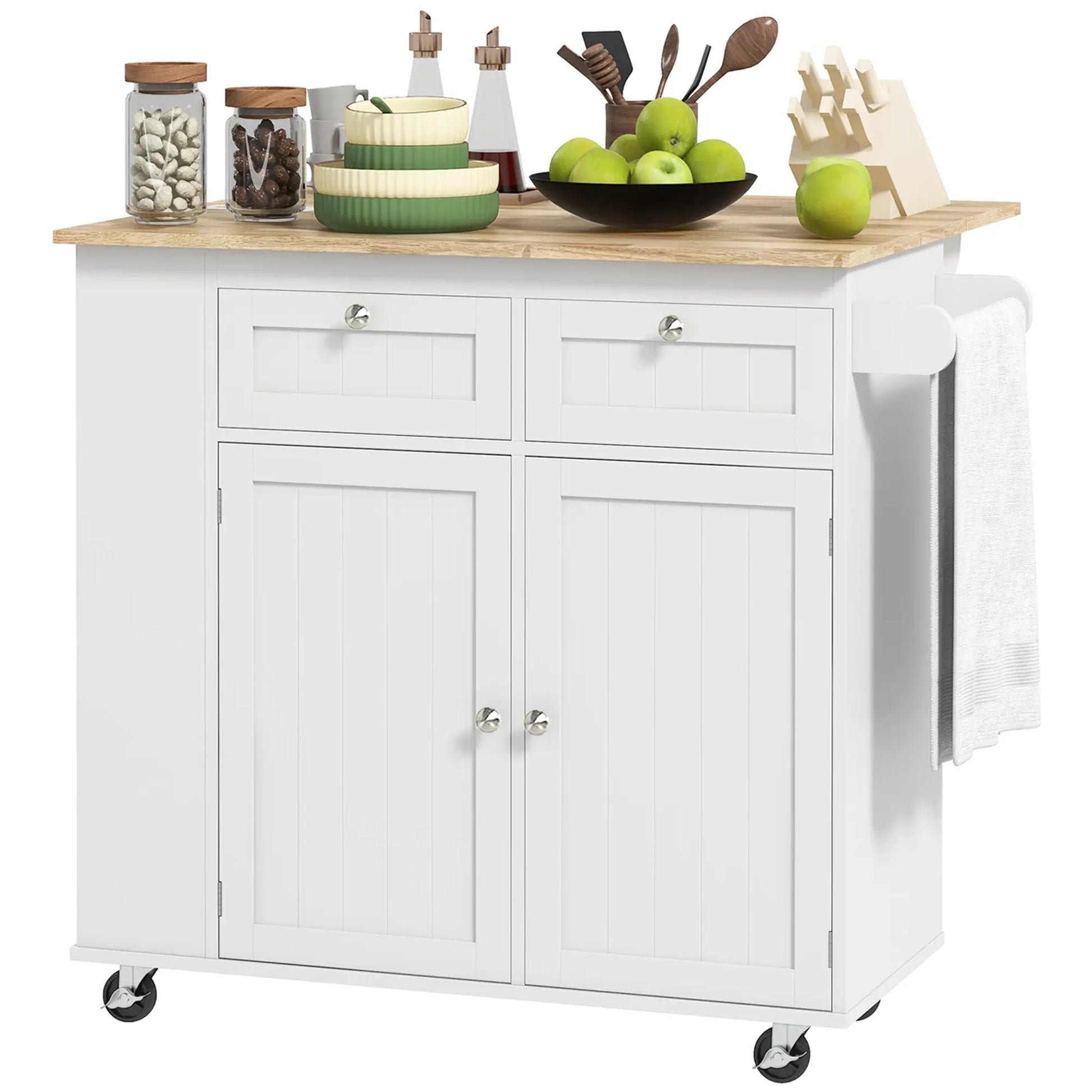 Kitchen Island with Power Outlet and Drop Leaf, Rolling Kitchen Cart with 2 Drawers and Adjustable Shelves, White Kitchen Islands & Kitchen Carts White at Gallery Canada