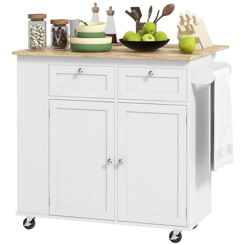 Kitchen Island with Power Outlet and Drop Leaf, Rolling Kitchen Cart with 2 Drawers and Adjustable Shelves, White