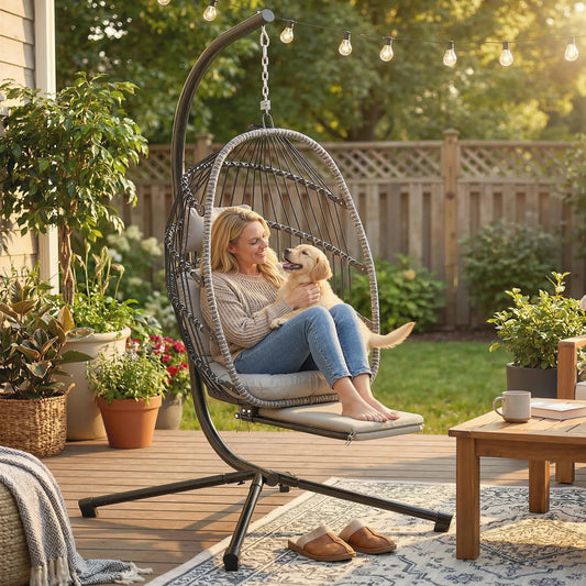 Outdoor Hanging Egg Chair, Retractable Footrest, Metal Stand, Light Grey Patio Swings with Stand Light Grey, Black, Dark Grey at Gallery Canada