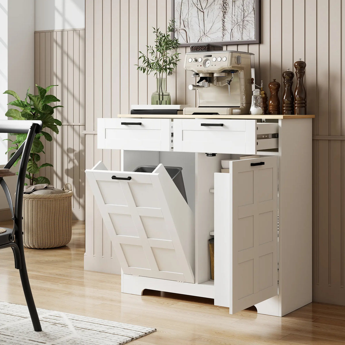 7 Gallon Tilt Out Garbage Cabinet, Kitchen Island, 2 Drawers, White