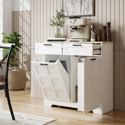 7 Gallon Tilt Out Garbage Cabinet, Kitchen Island, 2 Drawers, White