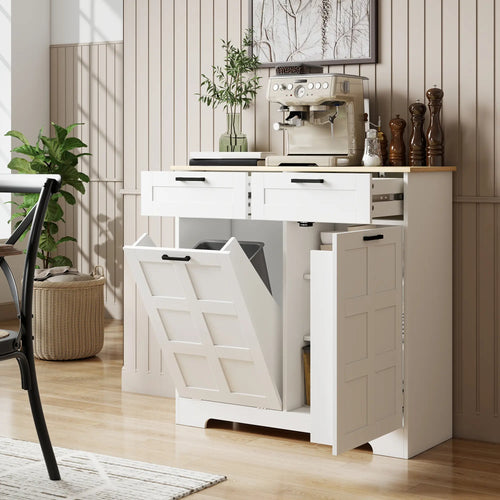 7 Gallon Tilt Out Garbage Cabinet, Kitchen Island, 2 Drawers, White