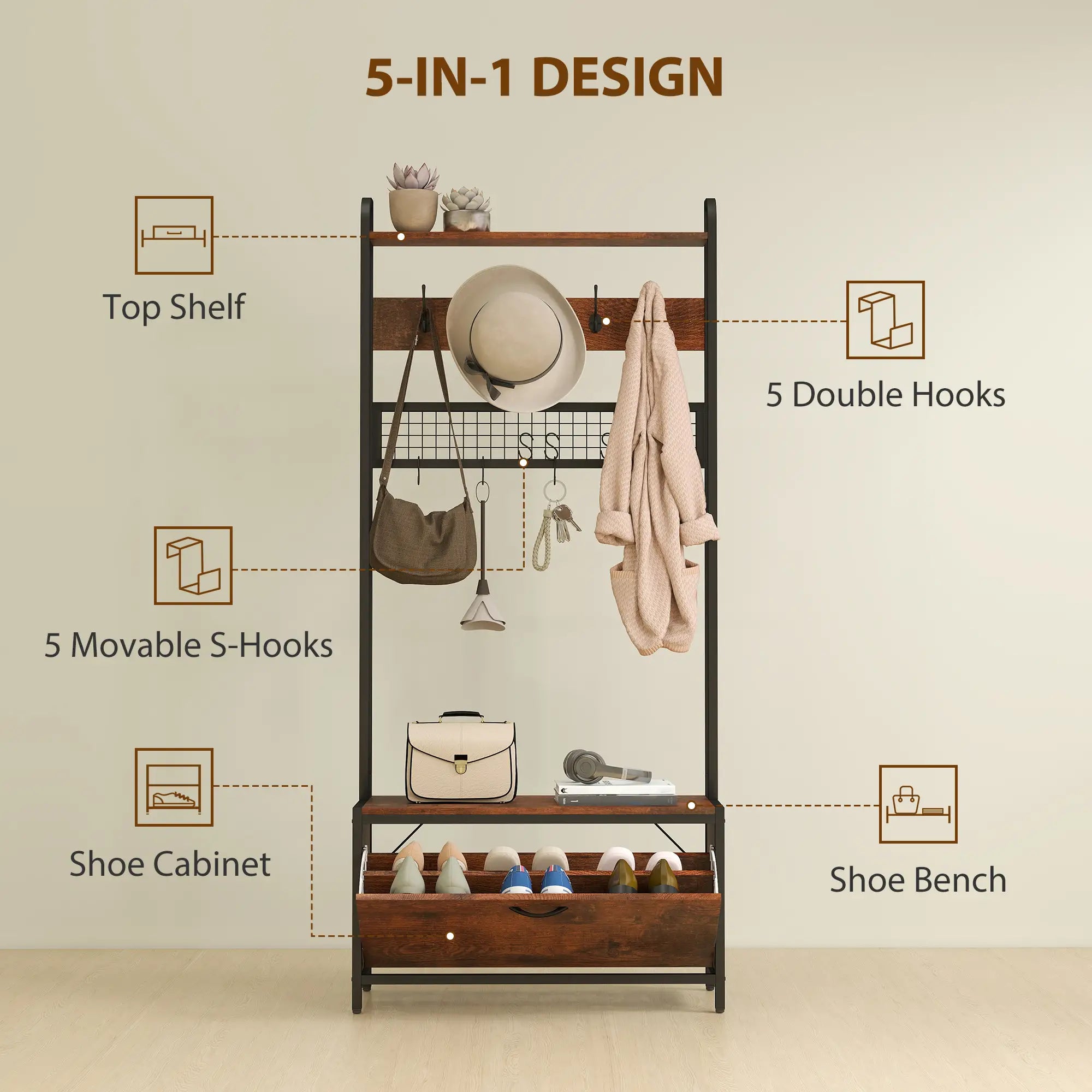 5-In-1 Coat Rack Shoe Bench, Hall Tree with Bench, 10 Hooks, Rustic Brown Clothing Storage at Gallery Canada