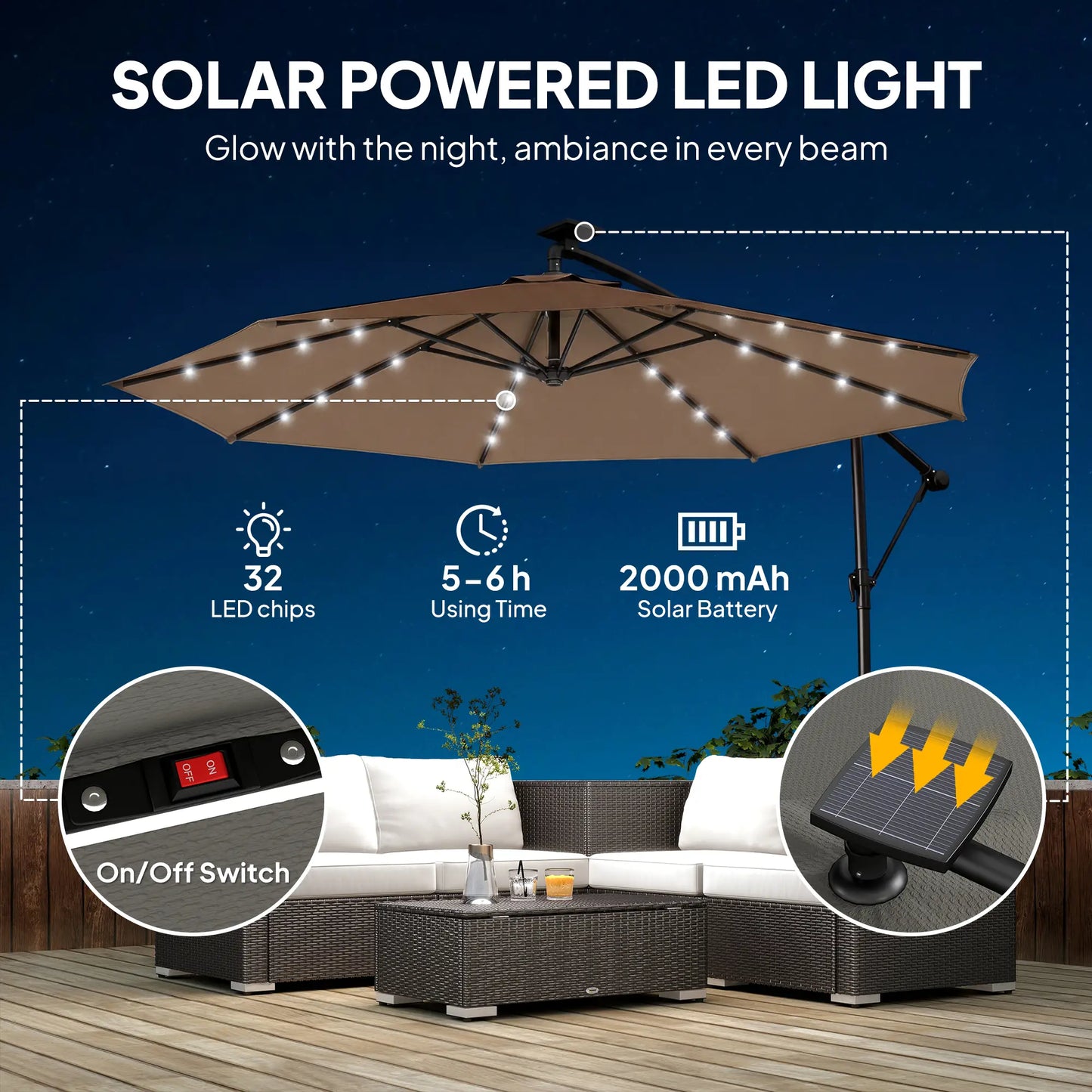 9.7 ft Cantilever Patio Umbrella, Solar Light, Tilt, Crank, Khaki Offset Cantilever Umbrellas at Gallery Canada