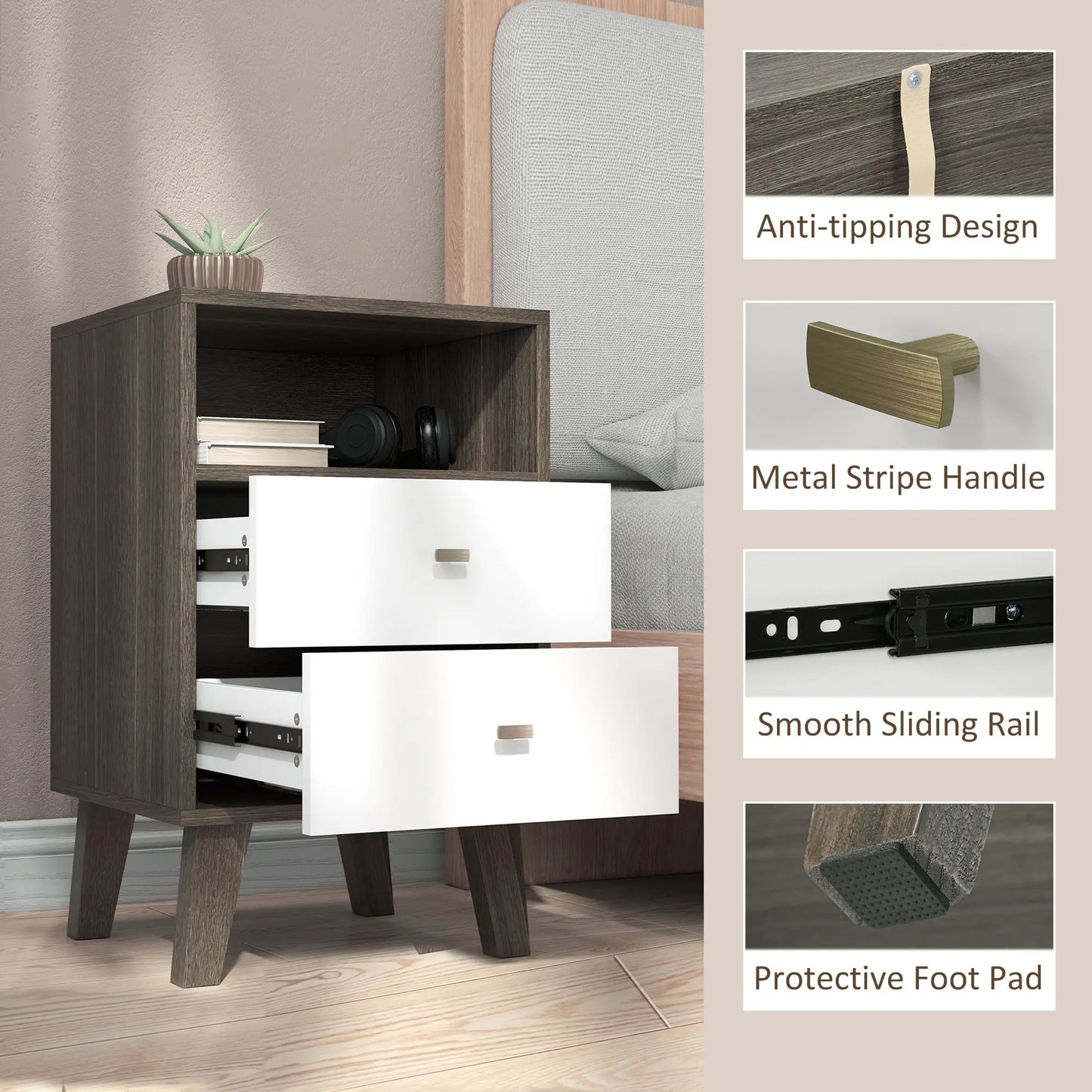 Modern Nightstand Set of 2, 3 Drawers, Open Storage, Grey Bedside Tables at Gallery Canada
