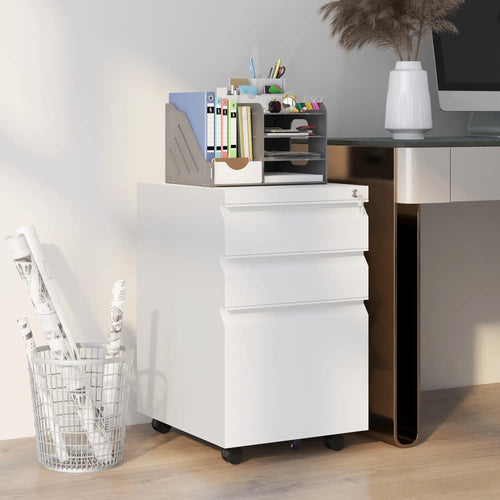 3 Drawer File Cabinet with Lock, Steel, 5 Wheels, Hanging Bar, White