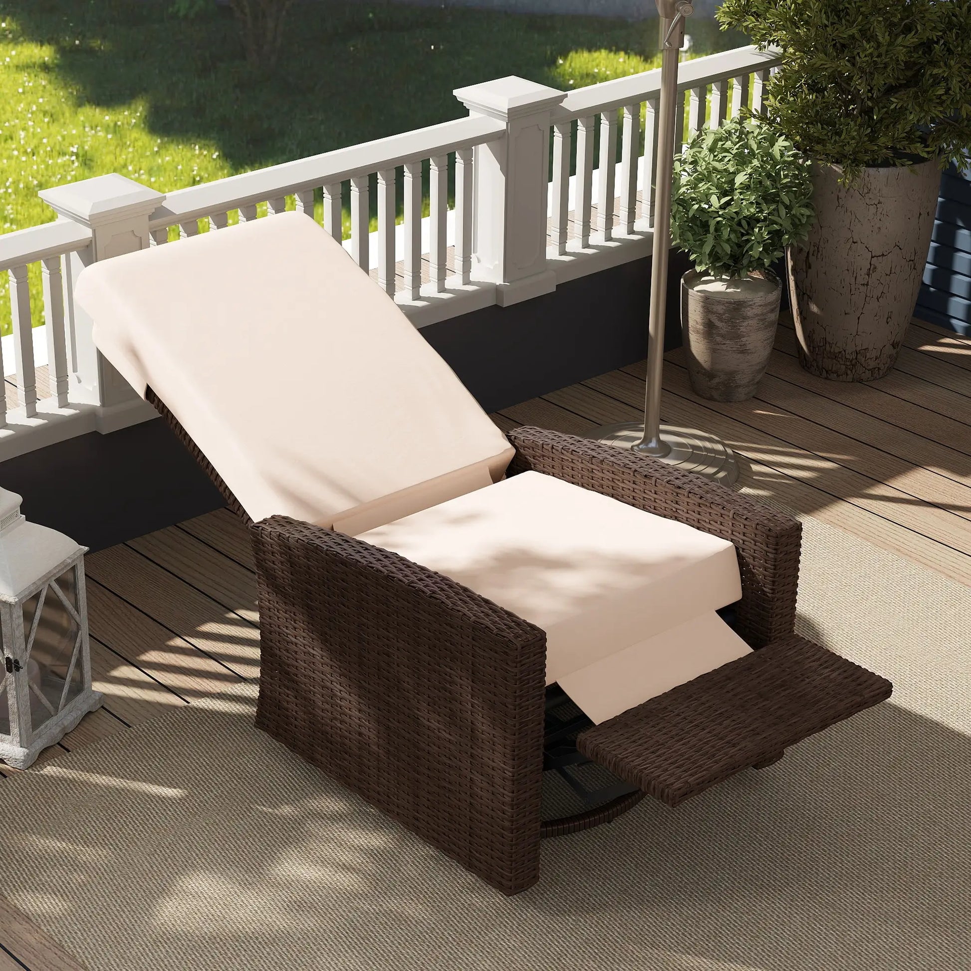 Outdoor Rattan Lounge Chair with Footrest, Soft Cushion, Cream White Patio Chairs at Gallery Canada