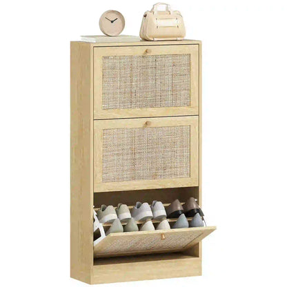 Rattan Shoe Cabinet, 3 Flip Drawers, Adjustable Shelves, 18 Pairs, Oak Shoe Storage Cabinets & Racks at Gallery Canada