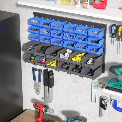 Wall Mounted Storage Bin Rack, 30 Bins, Pegboard, Garage Workshop, Blue