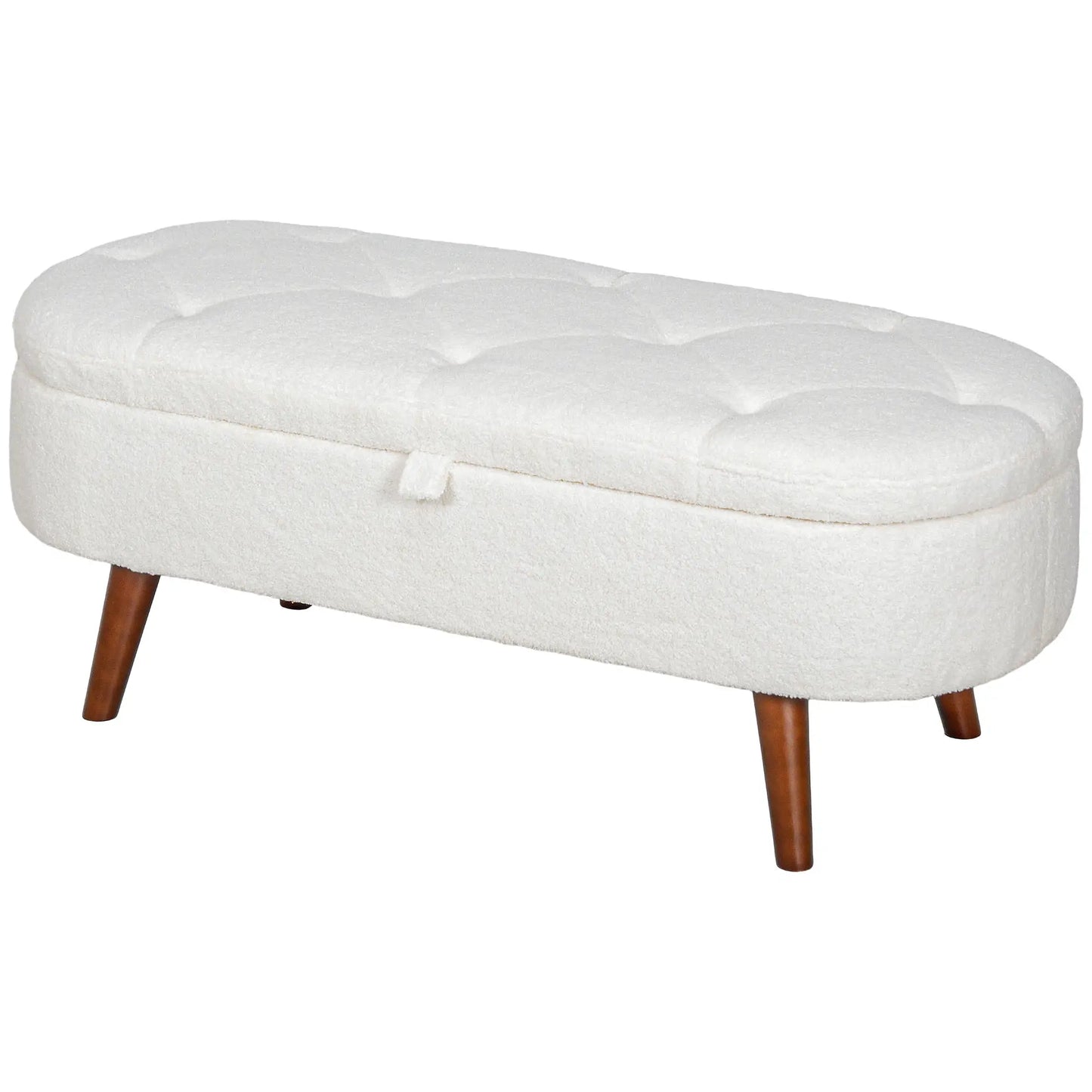Boucle Storage Bench, Tufted Teddy Fleece, Wood Legs, White Storage Ottomans & Benches White, Brown at Gallery Canada