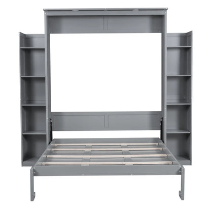 Murphy Bed with Shelves, LED Lights, 97.5" L x 84.5" W x 88.5" H, Grey Bed Frames Grey at Gallery Canada