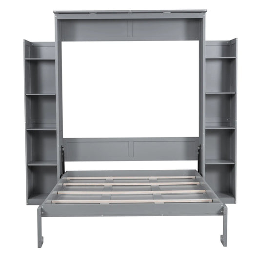 Murphy Bed with Shelves, LED Lights, 97.5" L x 84.5" W x 88.5" H, Grey Bed Frames Grey at Gallery Canada