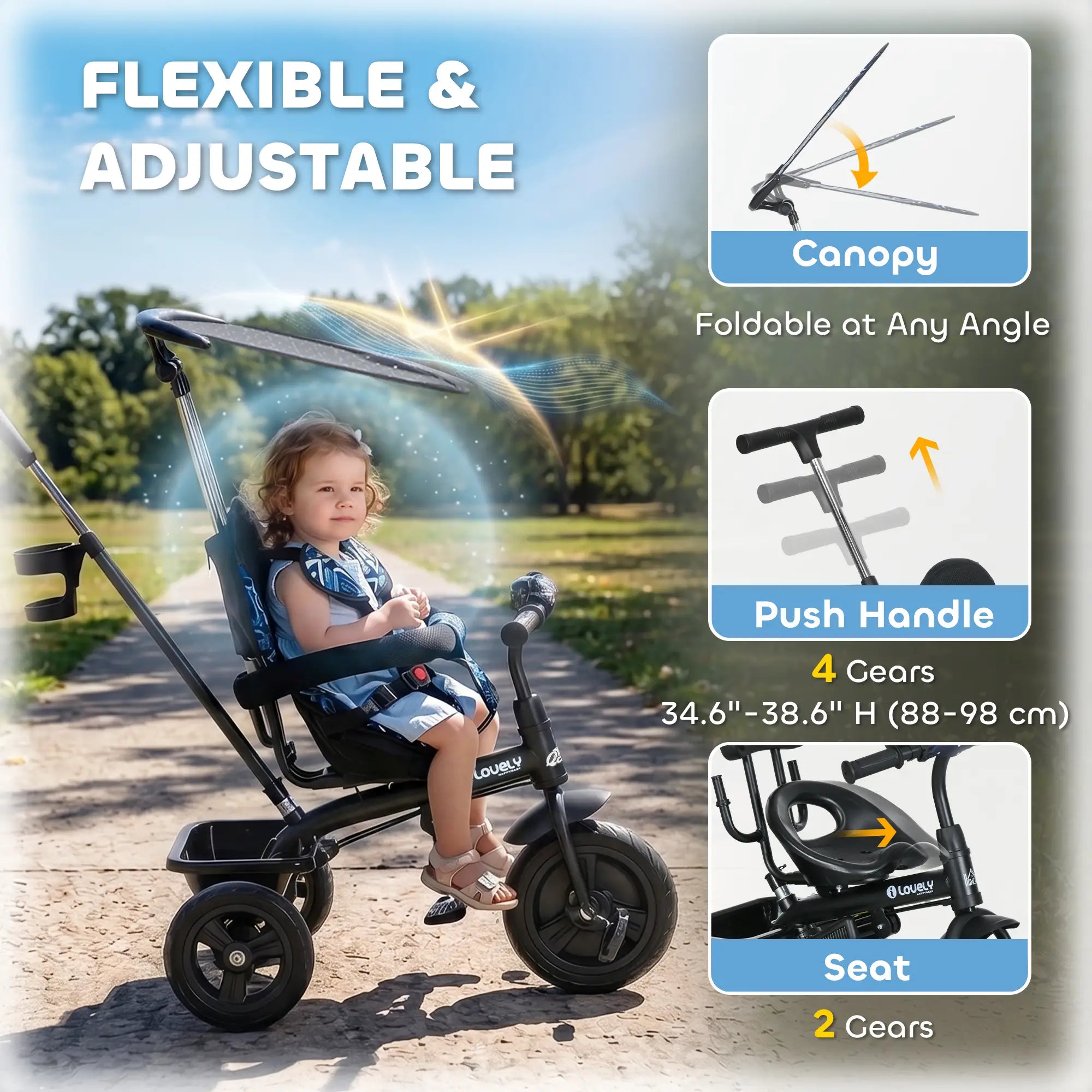 6 in 1 Kids Tricycle, Removable Handlebar, Canopy, Navy Blue Tricycles for Kids at Gallery Canada