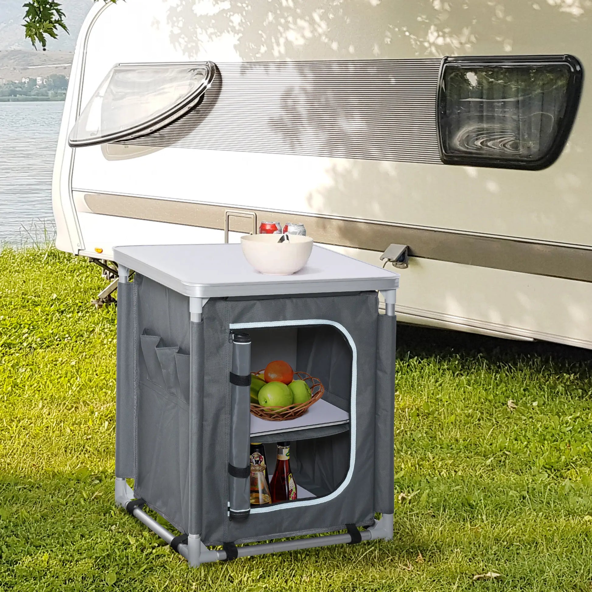 Camping Kitchen Station, Aluminum Table with 2-Shelf, Carrying Bag, Grey Picnic Tables & Camping Chairs at Gallery Canada