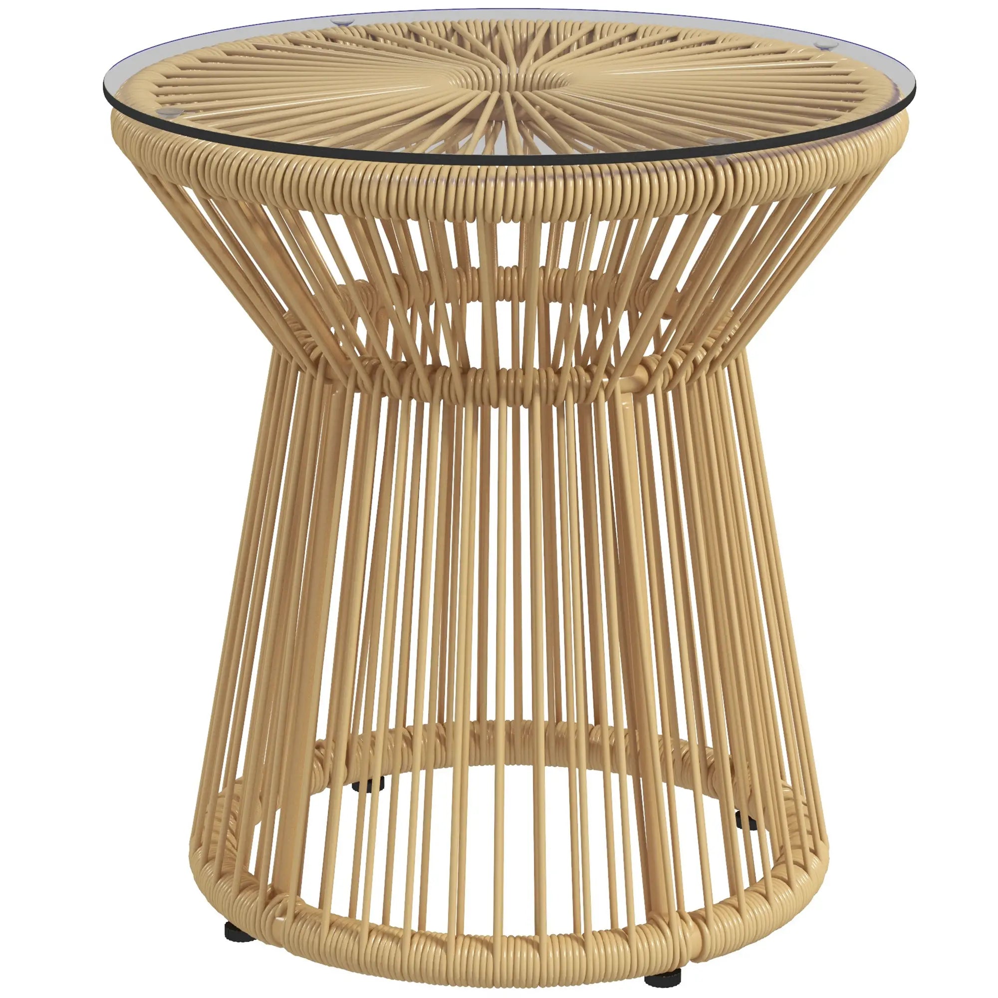Round Rattan Side Table, Hollow Drum Design, Glass Top, Beige Patio Side Tables Beige at Gallery Canada