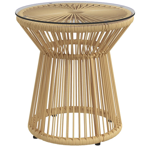 Round Rattan Side Table, Hollow Drum Design, Glass Top, Beige