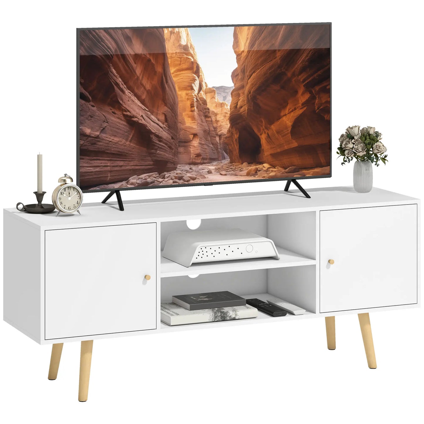 TV Stand for 55 Inches, Storage Shelves, Wood Legs, White TV Stands White at Gallery Canada