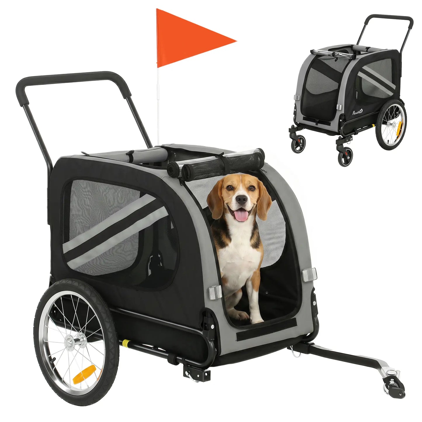 2-in-1 Dog Bike Trailer, Stroller With Reflectors Flag, Grey Dog Bike Trailers & Strollers at Gallery Canada