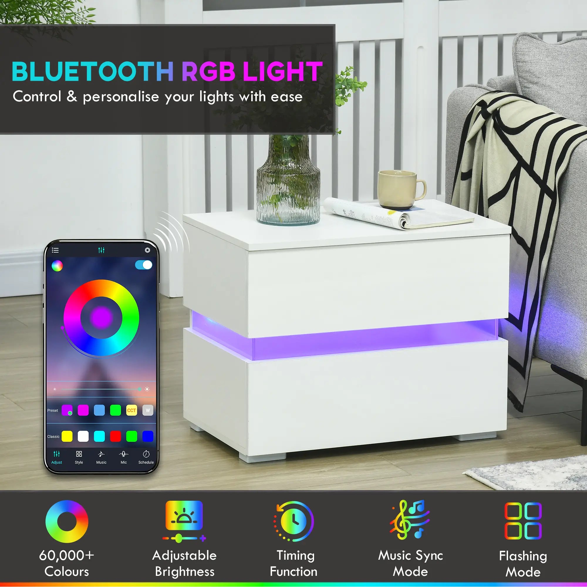 Modern Nightstand, 2 Drawers, USB RGB LED Lights, Remote, White Bedside Tables at Gallery Canada
