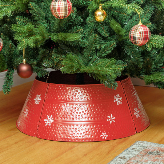 Christmas Tree Collar, 26" Metal, Snowflake Engraving, Red Christmas Trees Red at Gallery Canada