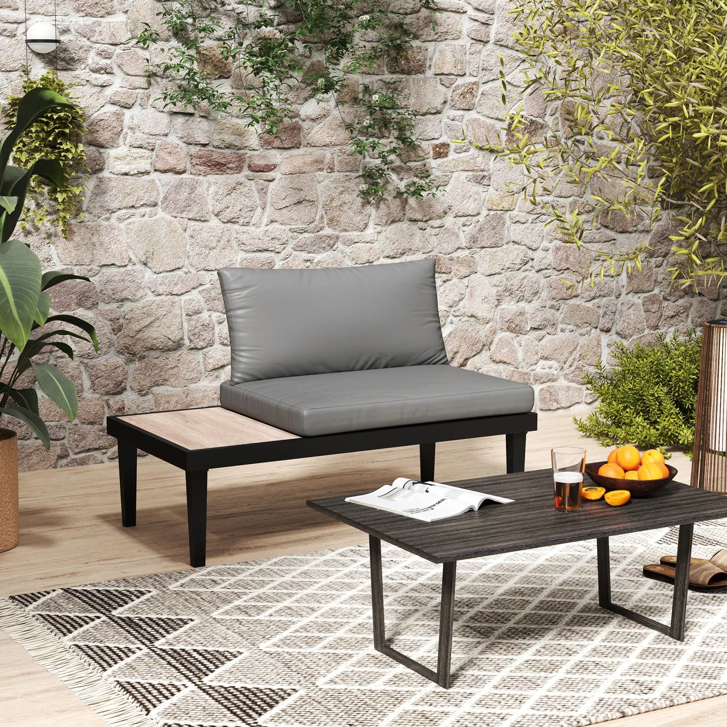 2 Seater Patio Sofa, Outdoor Couch with Wood Tray, Cushions, Grey Patio Chairs at Gallery Canada