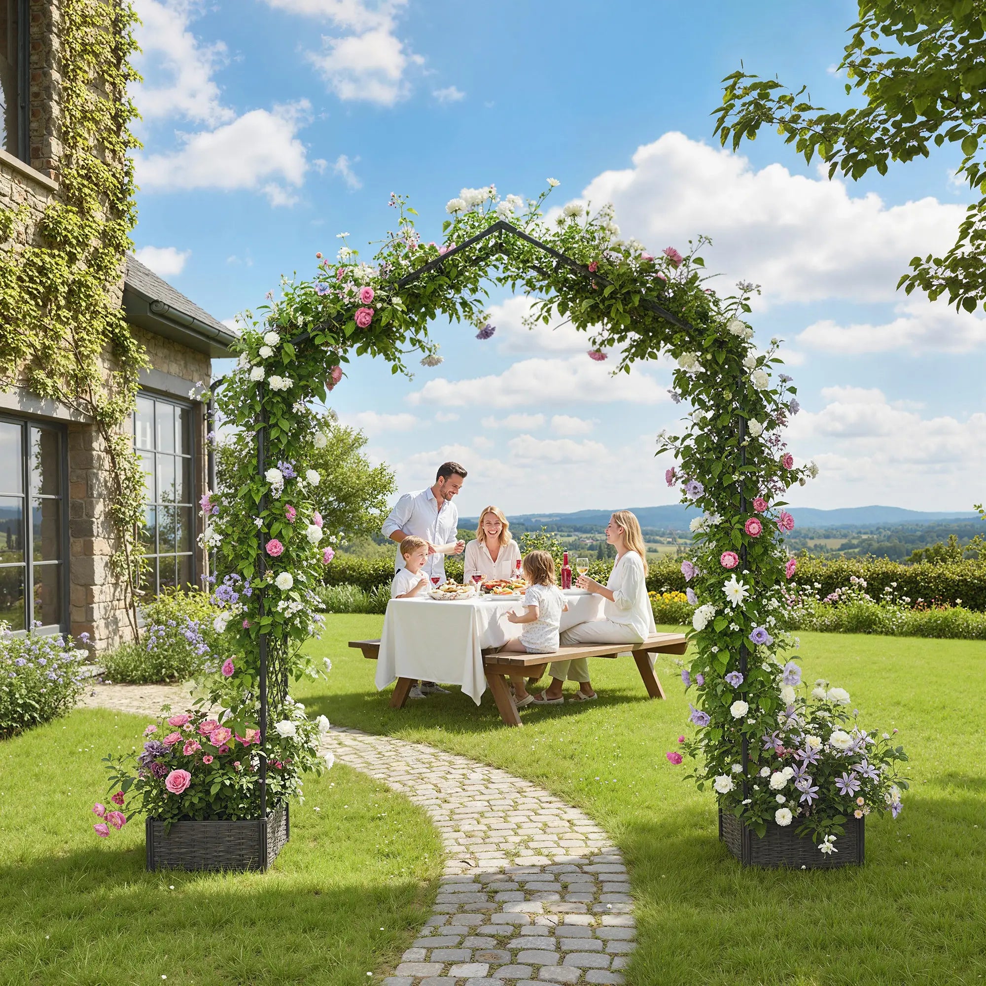 Garden Arch Trellis Arbor With 2 Planter Boxes, 90.6